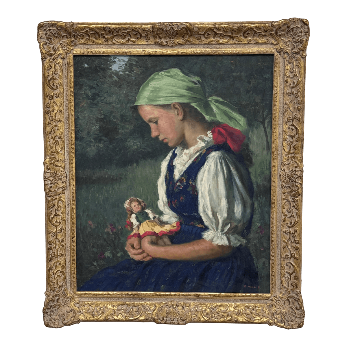 Lajos Rezes Molnar "Peasant Girl With Doll" Original Oil Painting, Framed - Thumbnail 2