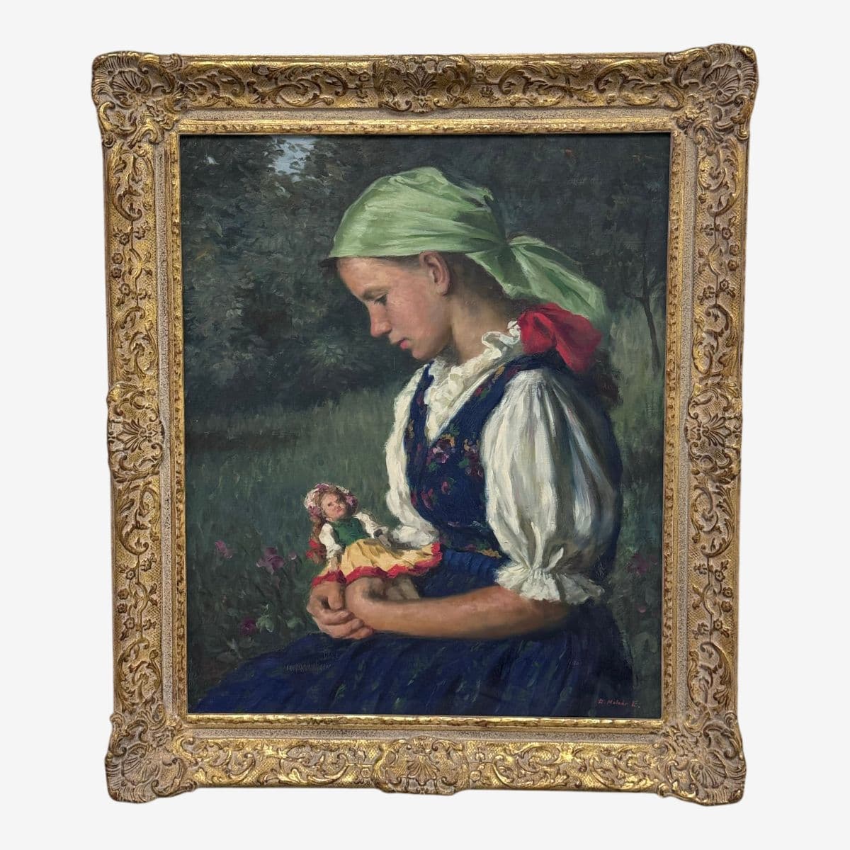 Lajos Rezes Molnar "Peasant Girl With Doll" Original Oil Painting, Framed - Image 1