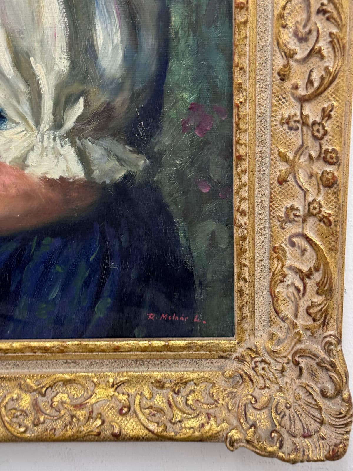 Lajos Rezes Molnar "Peasant Girl With Doll" Original Oil Painting, Framed - Thumbnail 9