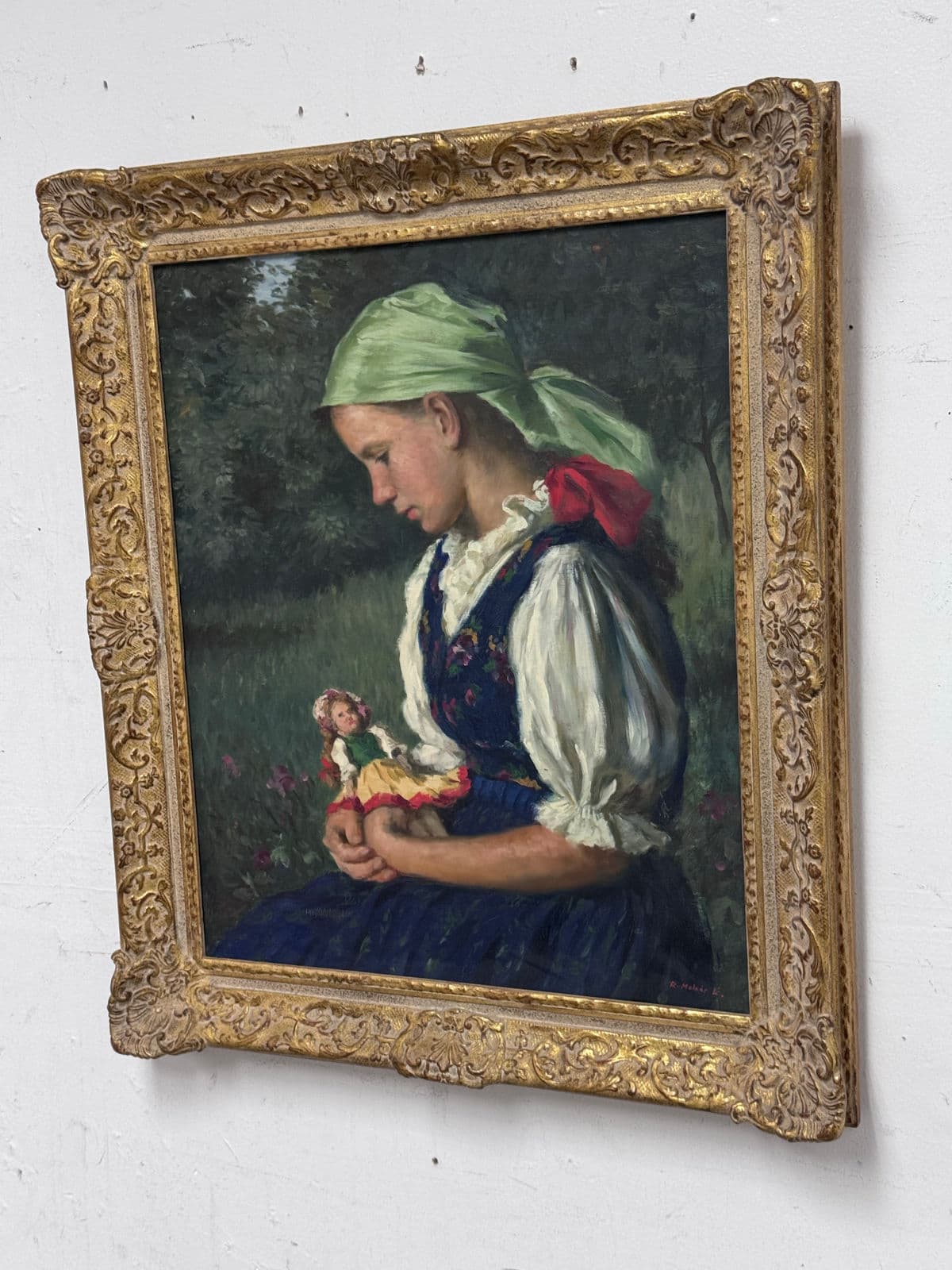 Lajos Rezes Molnar "Peasant Girl With Doll" Original Oil Painting, Framed - Thumbnail 12
