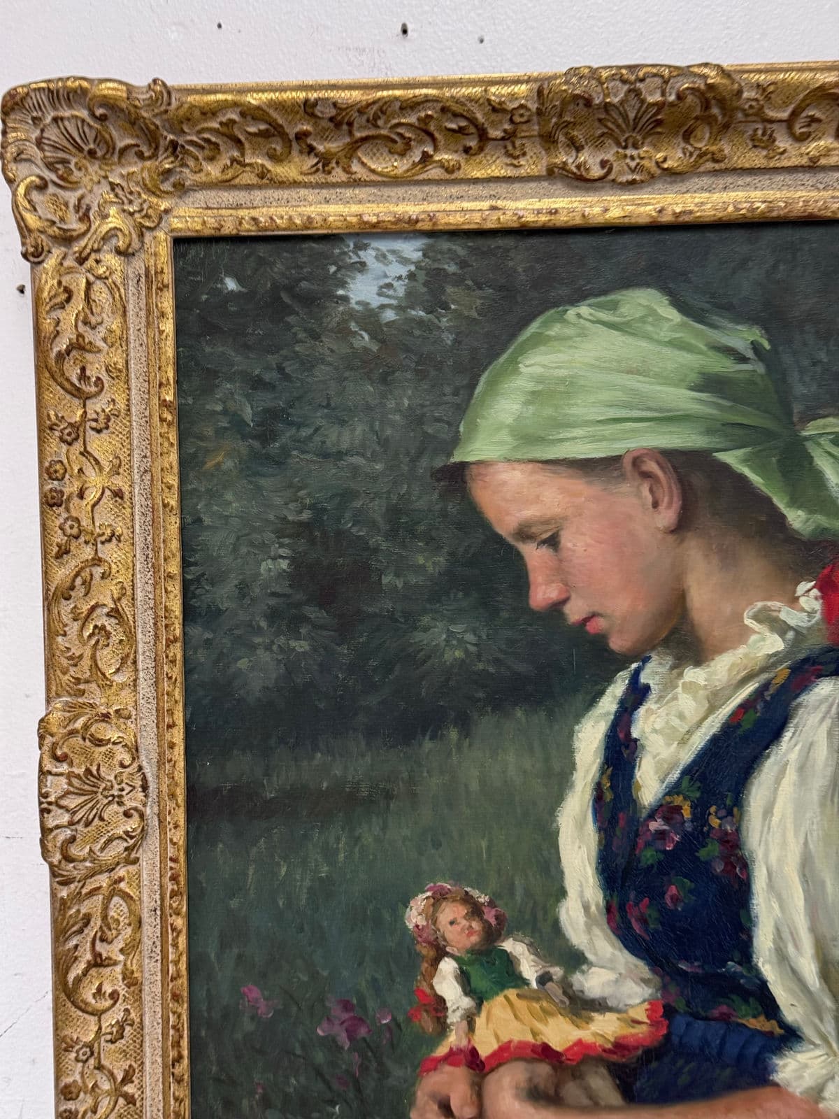 Lajos Rezes Molnar "Peasant Girl With Doll" Original Oil Painting, Framed - Thumbnail 13