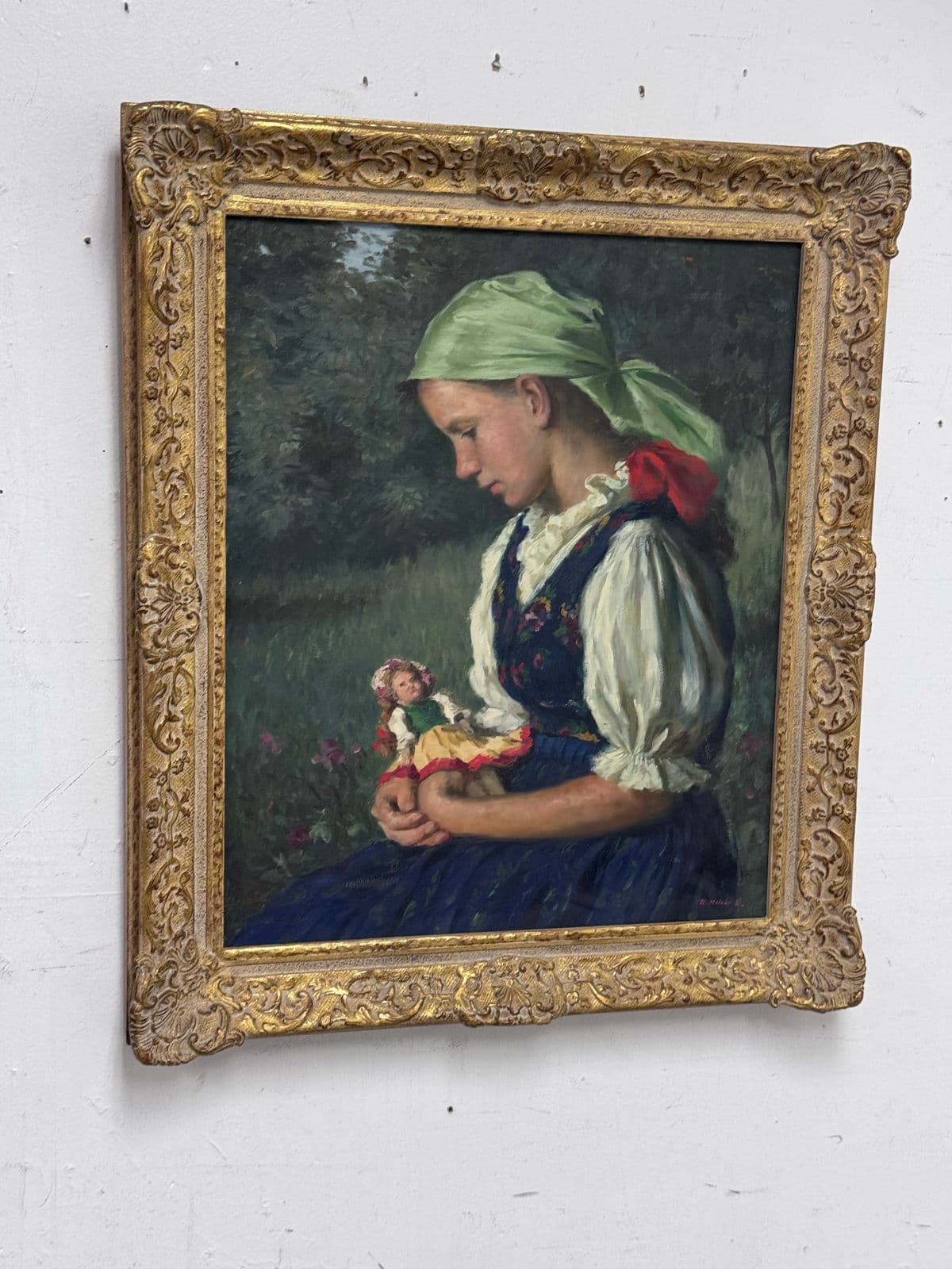 Lajos Rezes Molnar "Peasant Girl With Doll" Original Oil Painting, Framed - Thumbnail 3