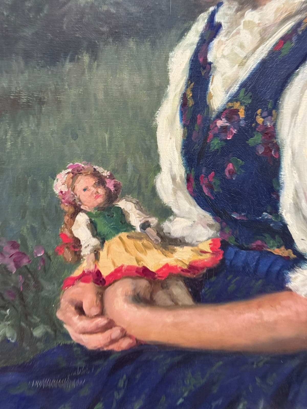 Lajos Rezes Molnar "Peasant Girl With Doll" Original Oil Painting, Framed - Thumbnail 6