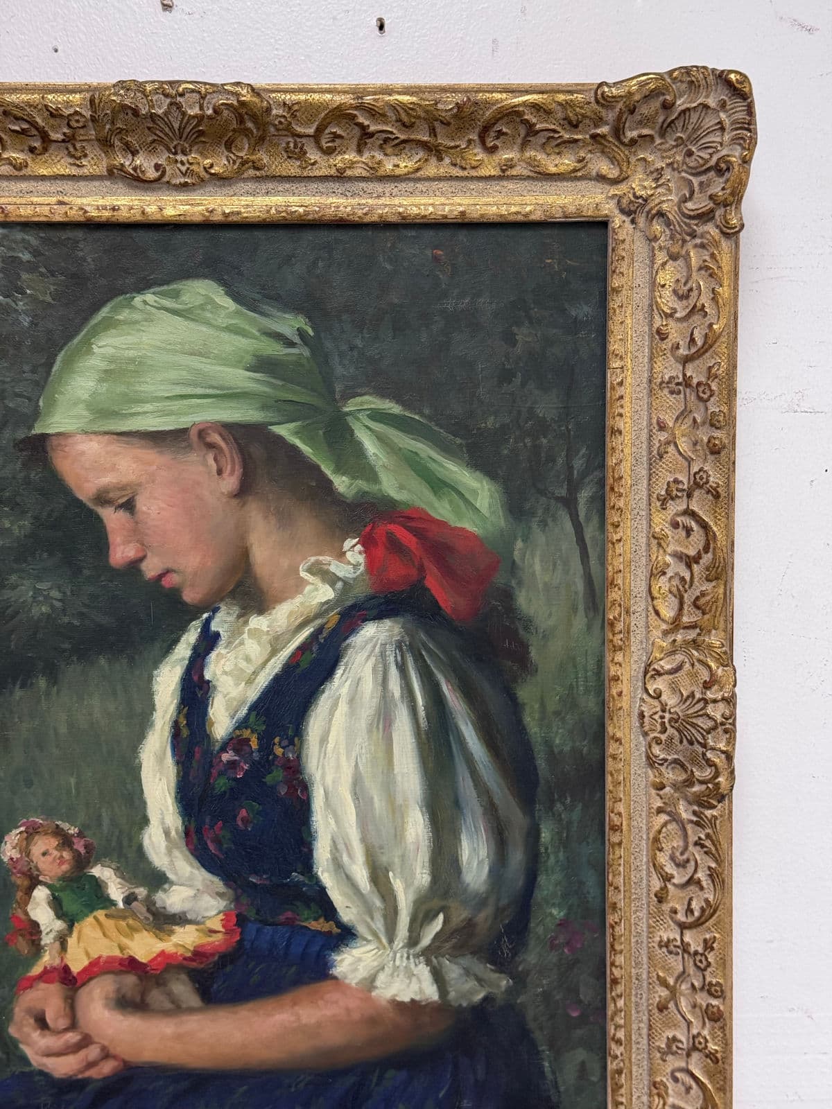 Lajos Rezes Molnar "Peasant Girl With Doll" Original Oil Painting, Framed - Thumbnail 8