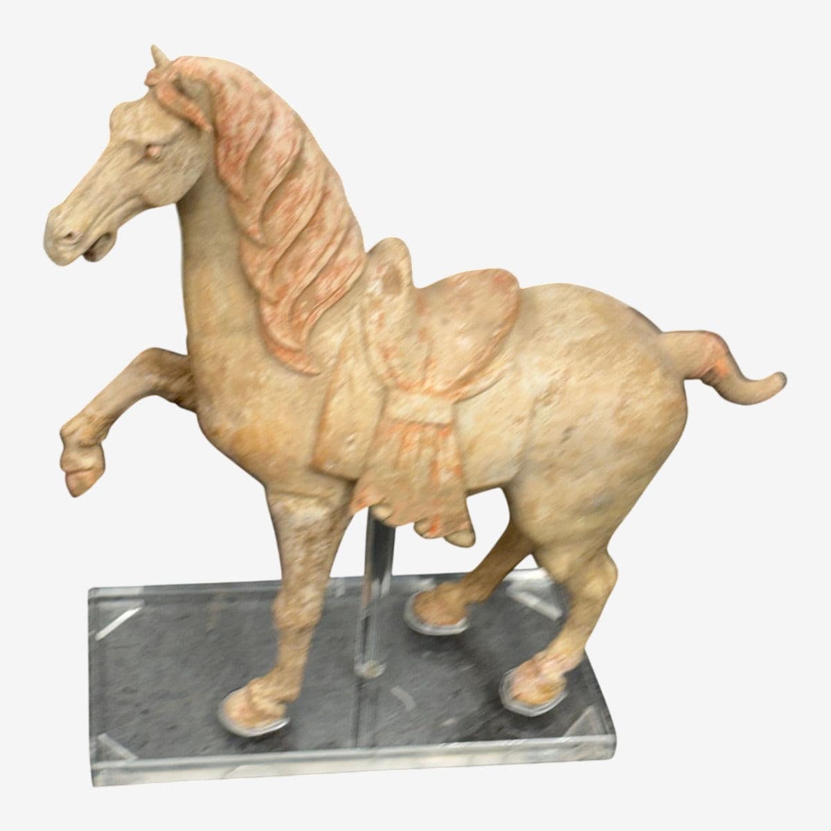Antique Pottery Tang Dynasty Style Horse + Lucite Stand - Image 1
