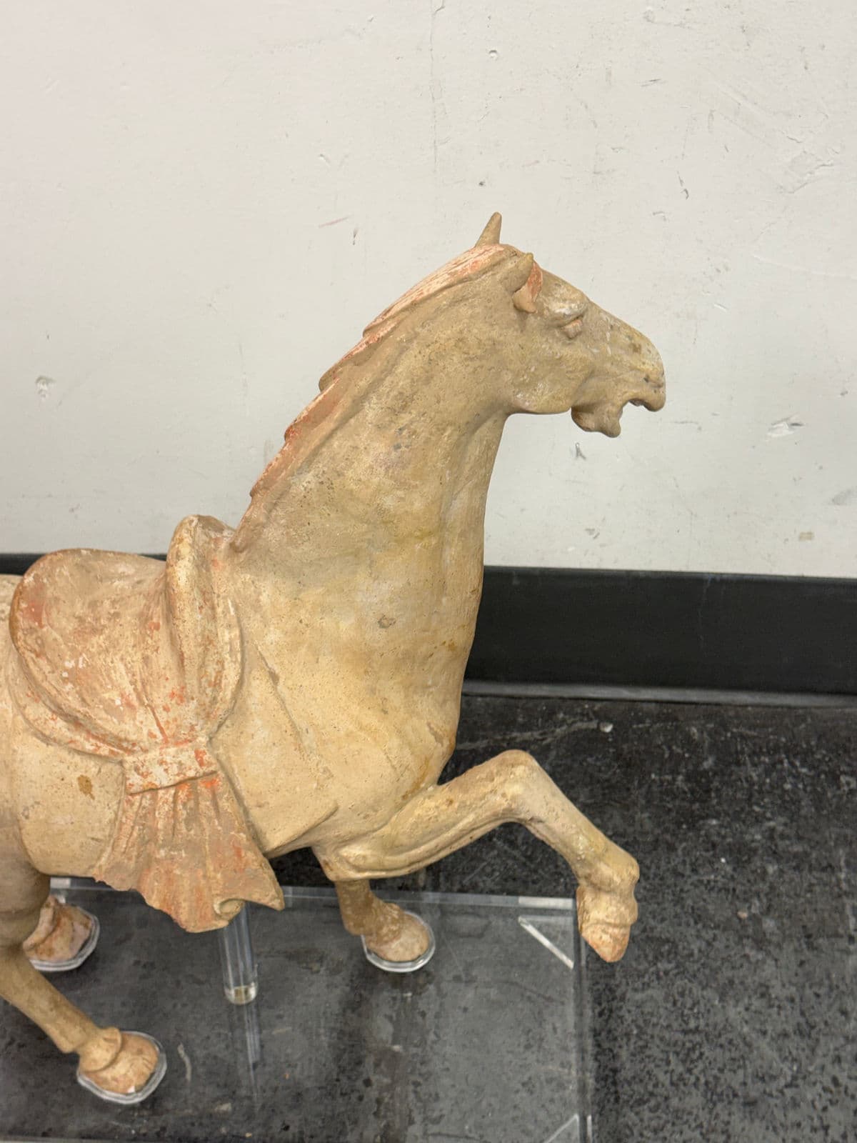 Antique Pottery Tang Dynasty Style Horse + Lucite Stand - Thumbnail 8