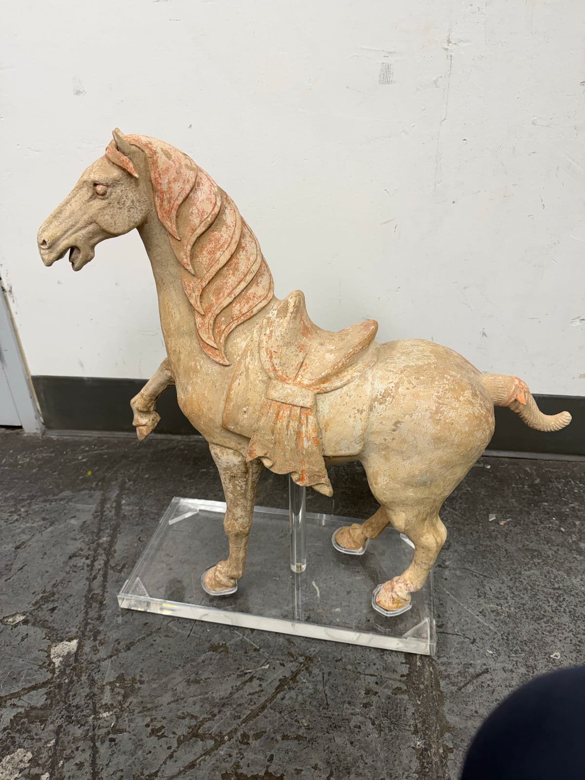 Antique Pottery Tang Dynasty Style Horse + Lucite Stand - Thumbnail 3