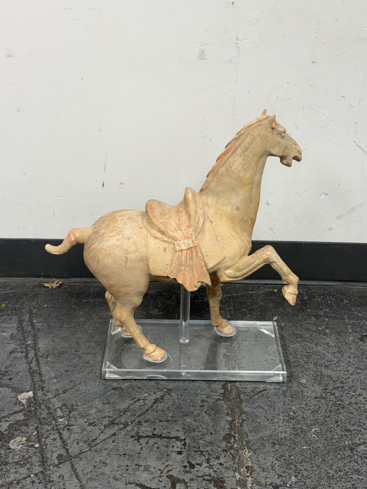 Antique Pottery Tang Dynasty Style Horse + Lucite Stand - Thumbnail 7