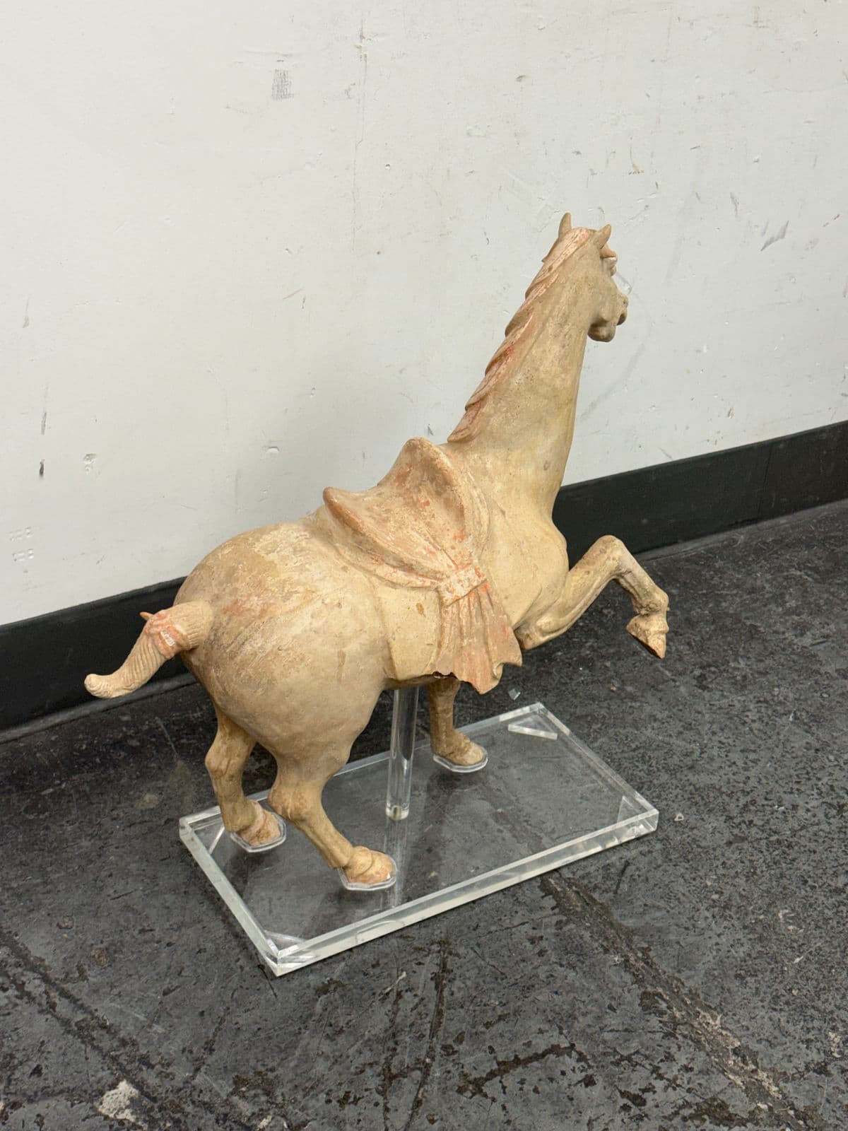 Antique Pottery Tang Dynasty Style Horse + Lucite Stand - Thumbnail 5