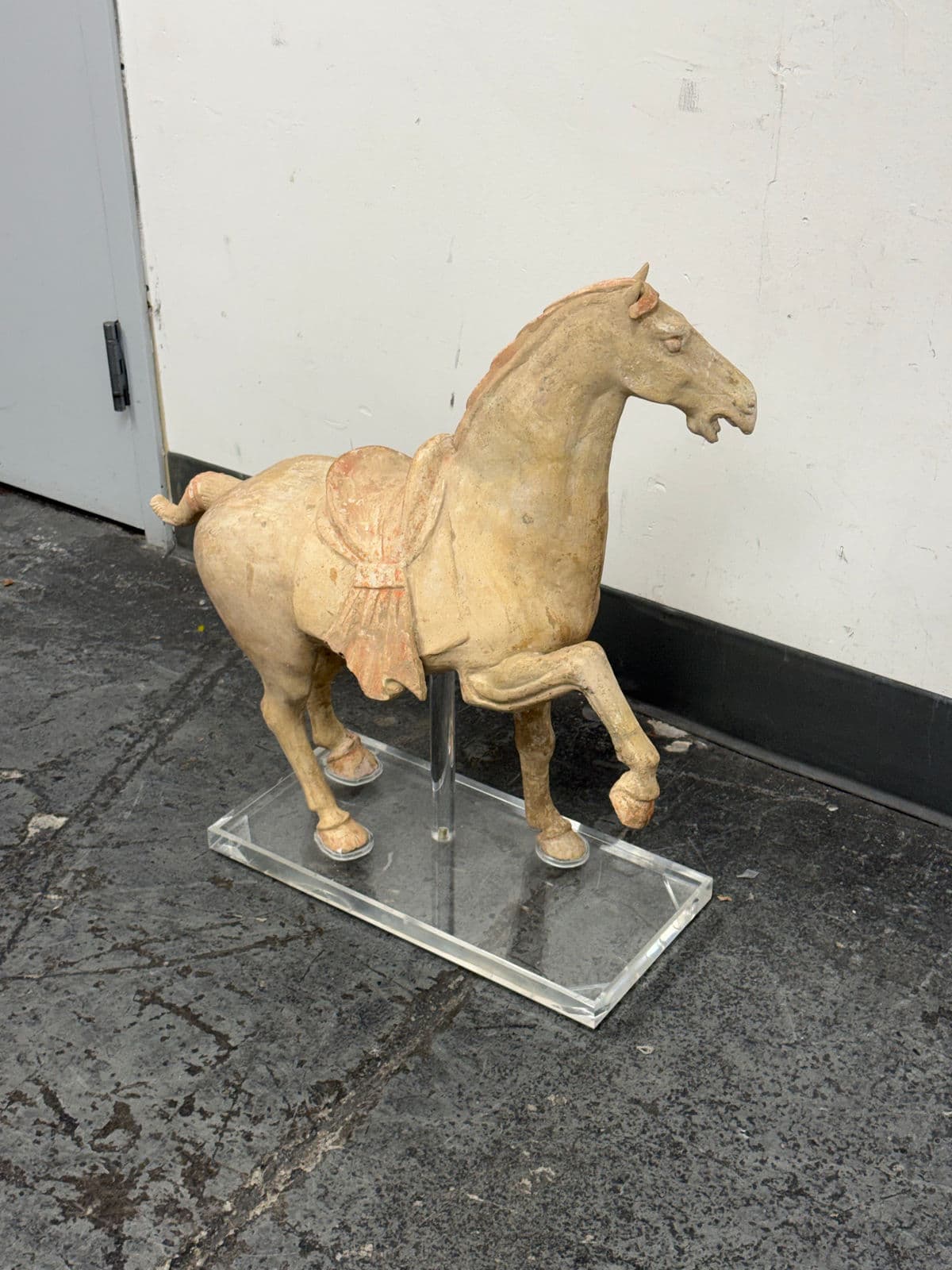 Antique Pottery Tang Dynasty Style Horse + Lucite Stand - Thumbnail 6