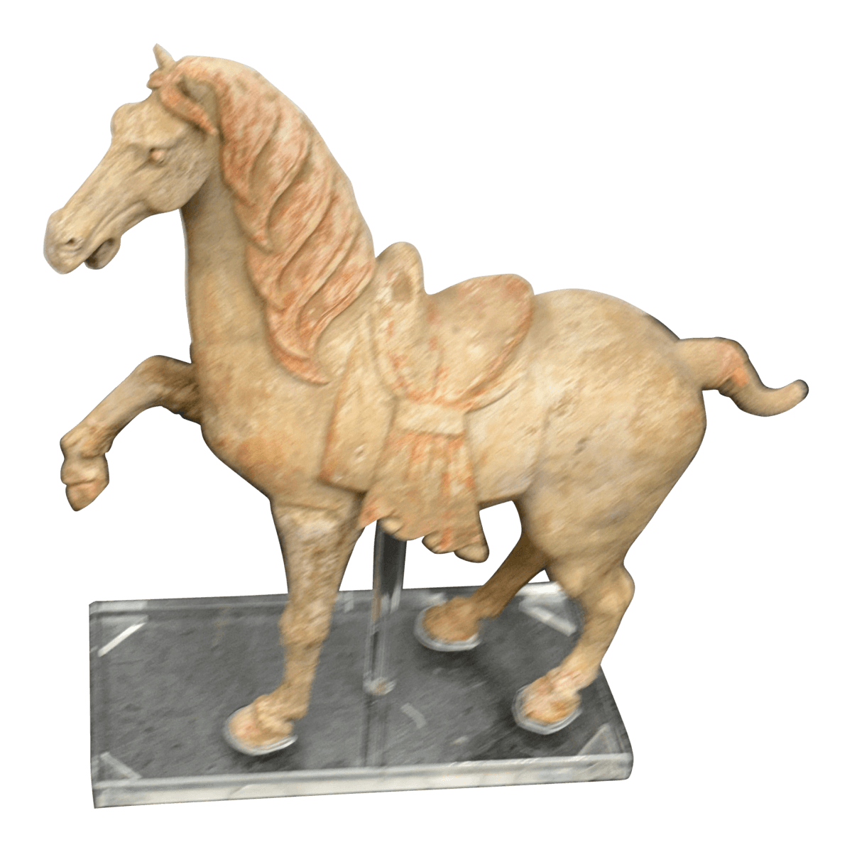 Antique Pottery Tang Dynasty Style Horse + Lucite Stand - Thumbnail 2