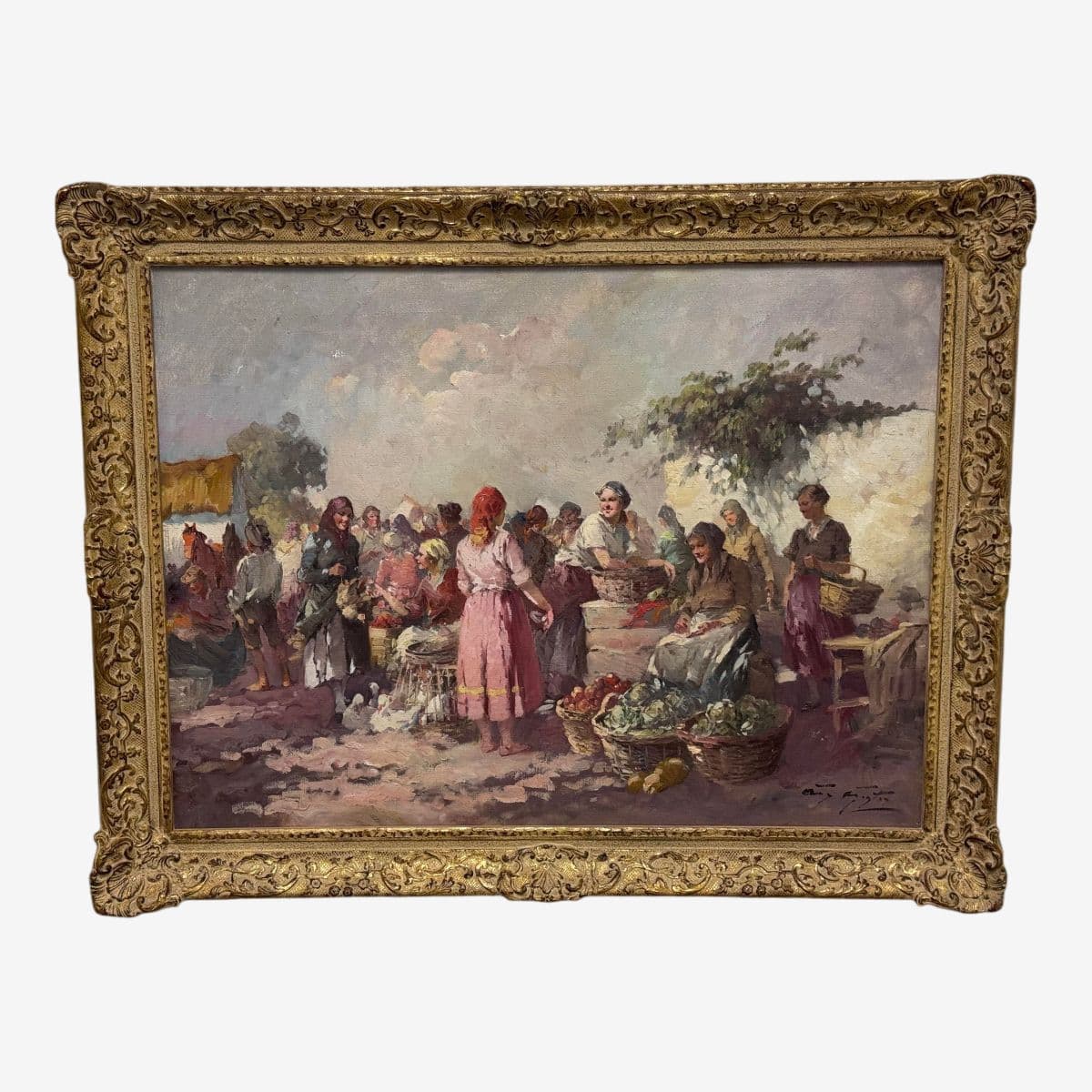 Agoston Acs "Market Scene" Original Oil on Canvas, Signed + Framed - Image 1