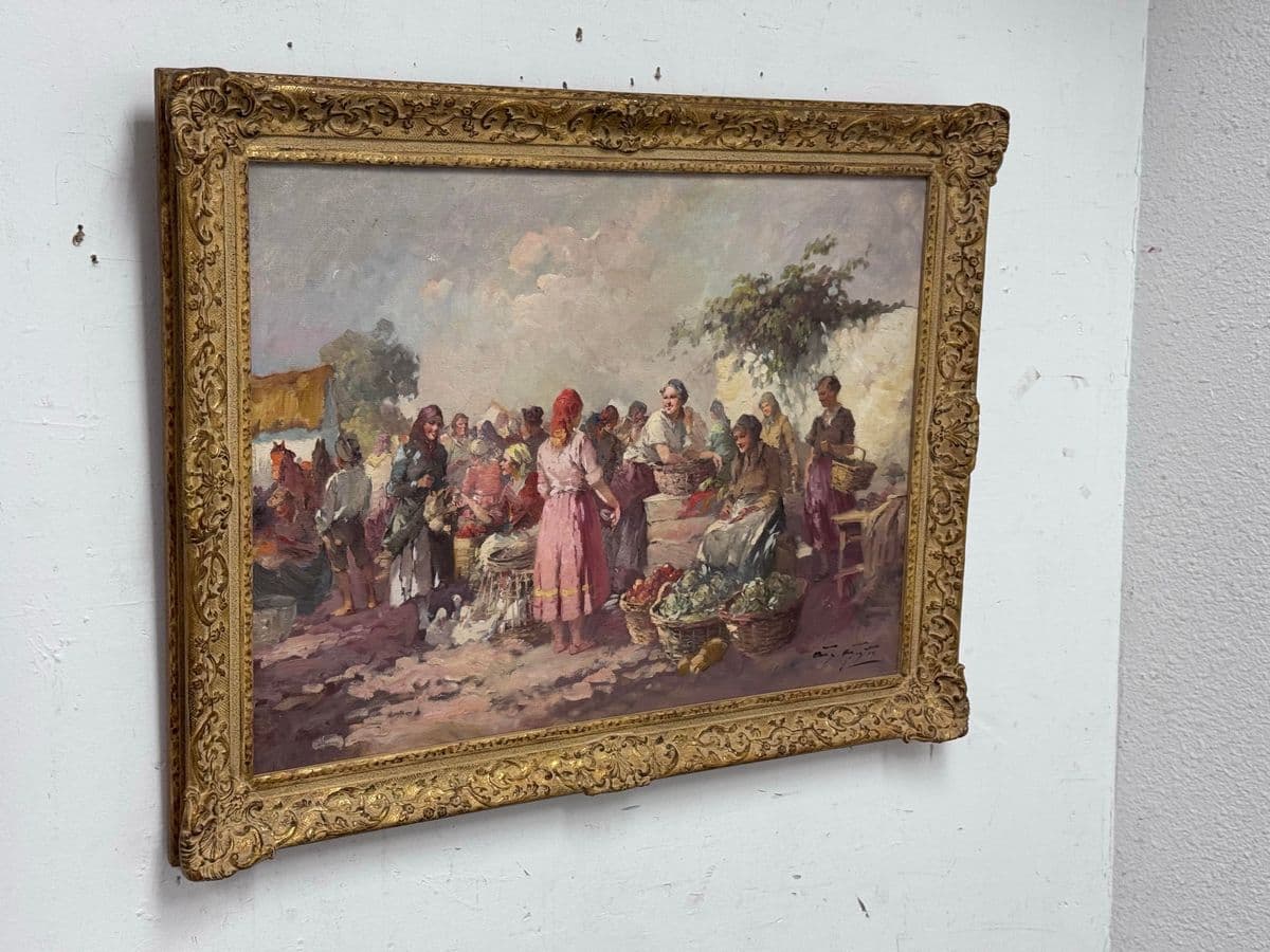 Agoston Acs "Market Scene" Original Oil on Canvas, Signed + Framed - Thumbnail 13