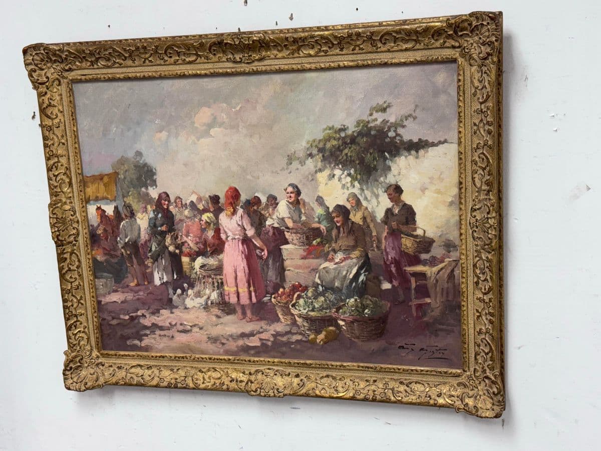 Agoston Acs "Market Scene" Original Oil on Canvas, Signed + Framed - Thumbnail 3