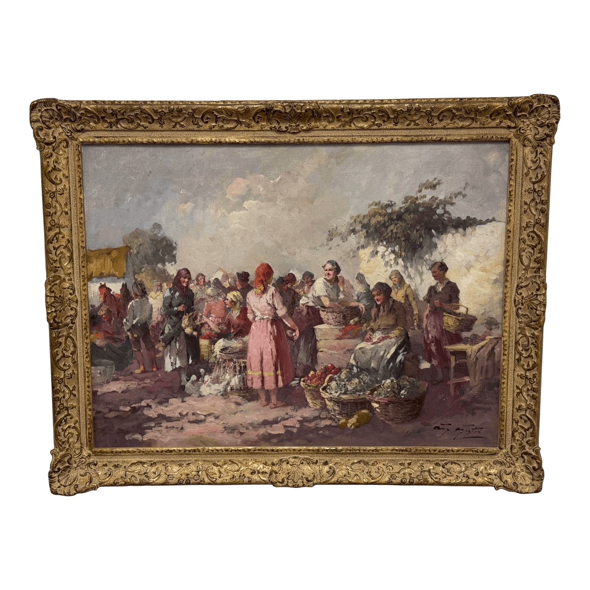 Agoston Acs "Market Scene" Original Oil on Canvas, Signed + Framed - Thumbnail 2