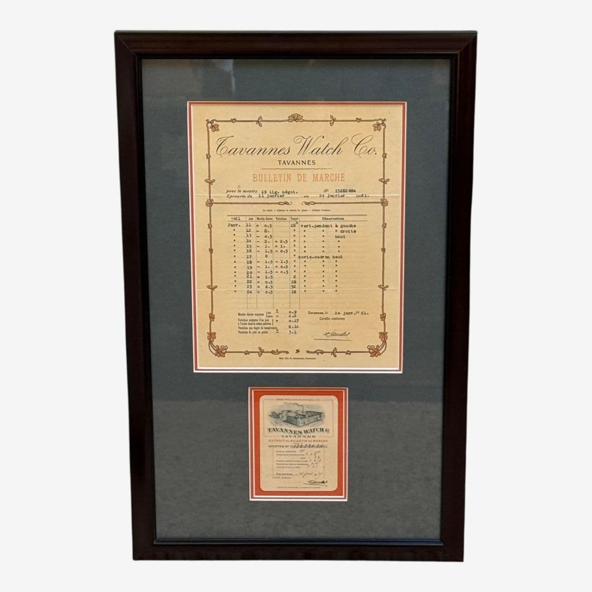 Circa 1921 Tavannes Watch Co. Bulletin De Marche Certificate, Framed - Image 1