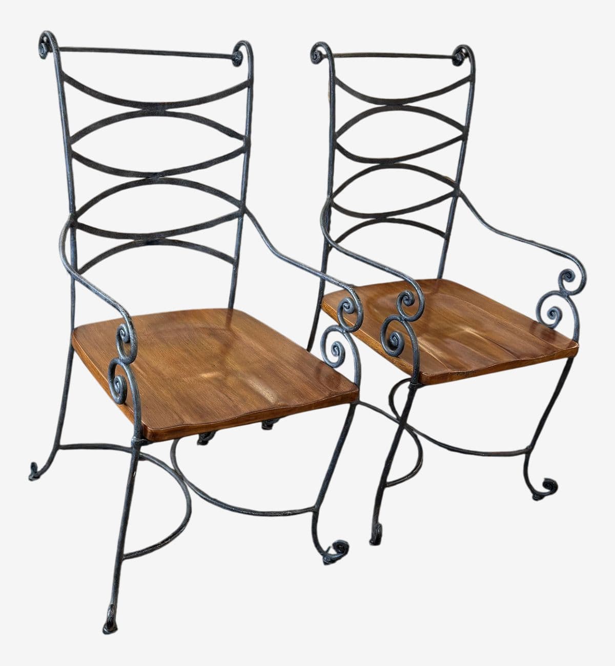 Vintage Spanish Iron + Wood Arm Chairs, Pair - Image 1