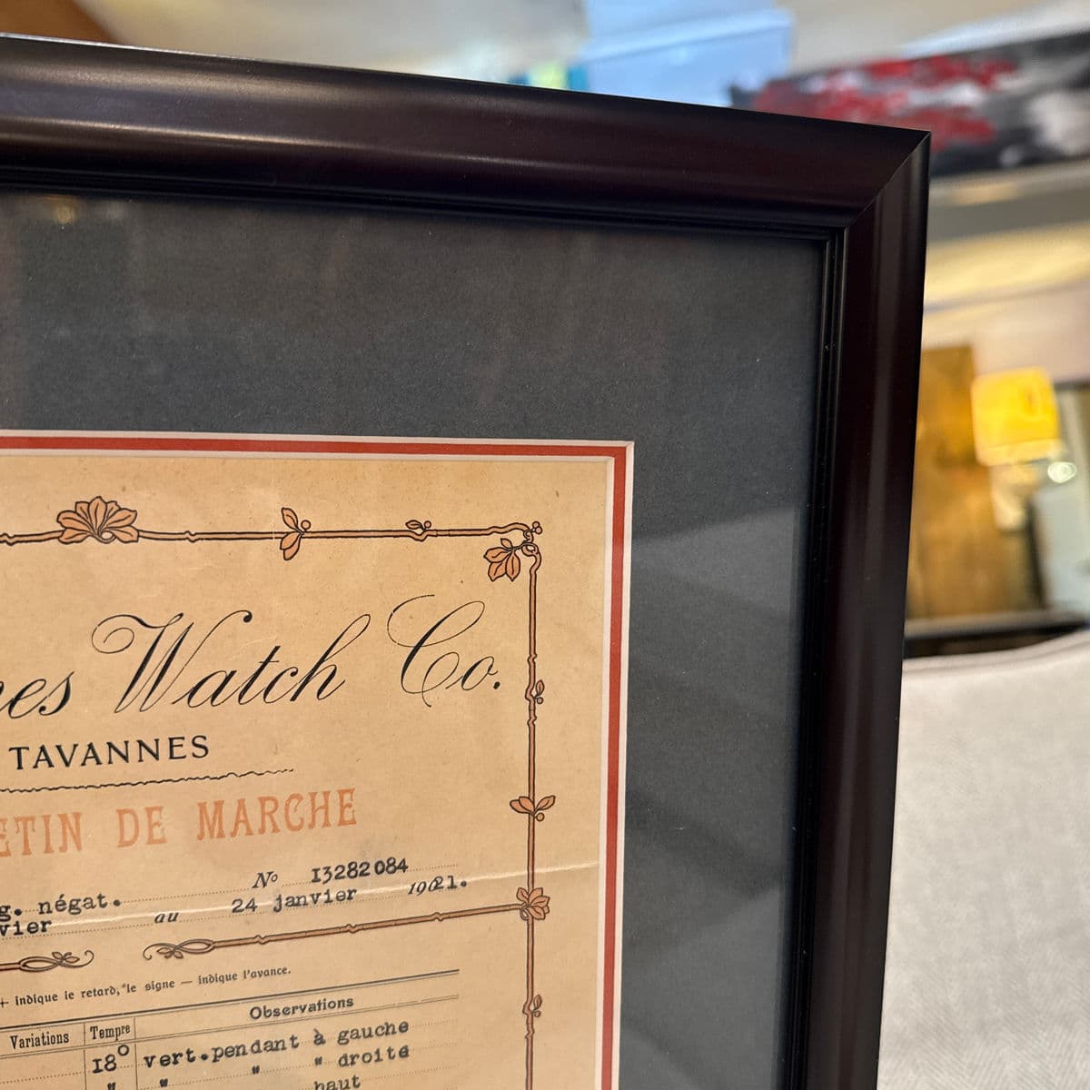 Circa 1921 Tavannes Watch Co. Bulletin De Marche Certificate, Framed - Thumbnail 6