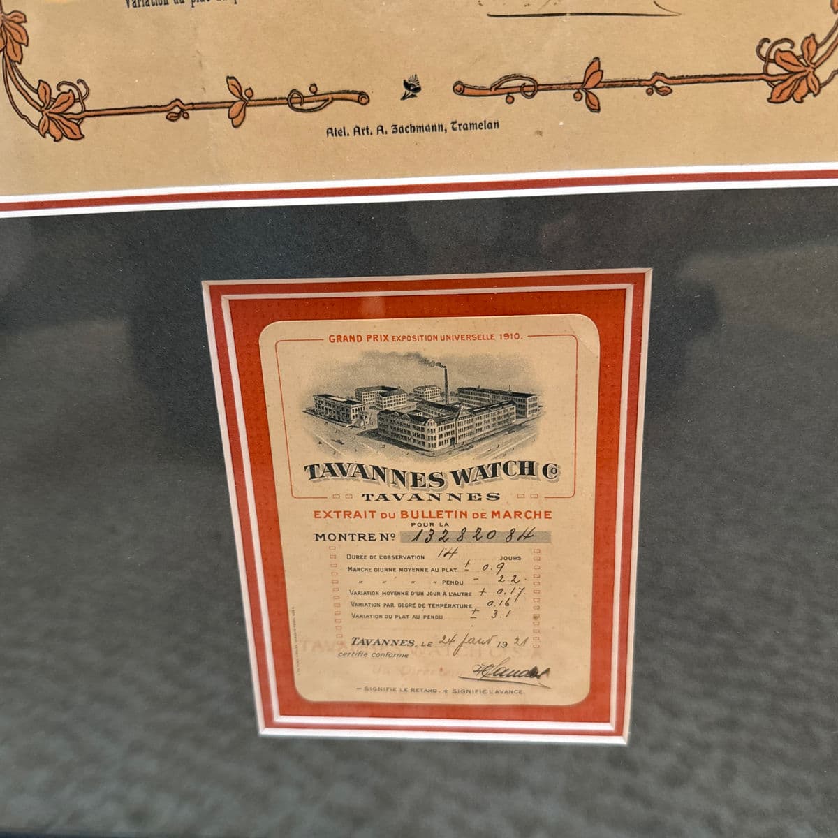 Circa 1921 Tavannes Watch Co. Bulletin De Marche Certificate, Framed - Thumbnail 4