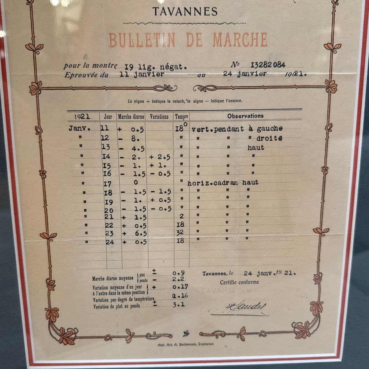 Circa 1921 Tavannes Watch Co. Bulletin De Marche Certificate, Framed - Thumbnail 8