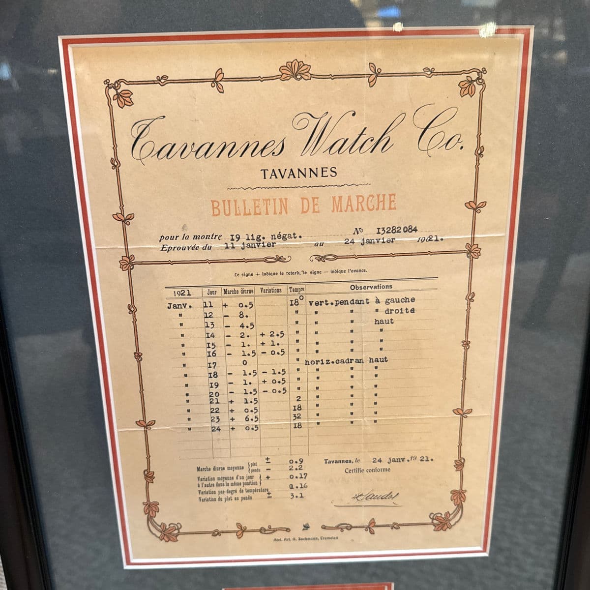 Circa 1921 Tavannes Watch Co. Bulletin De Marche Certificate, Framed - Thumbnail 3
