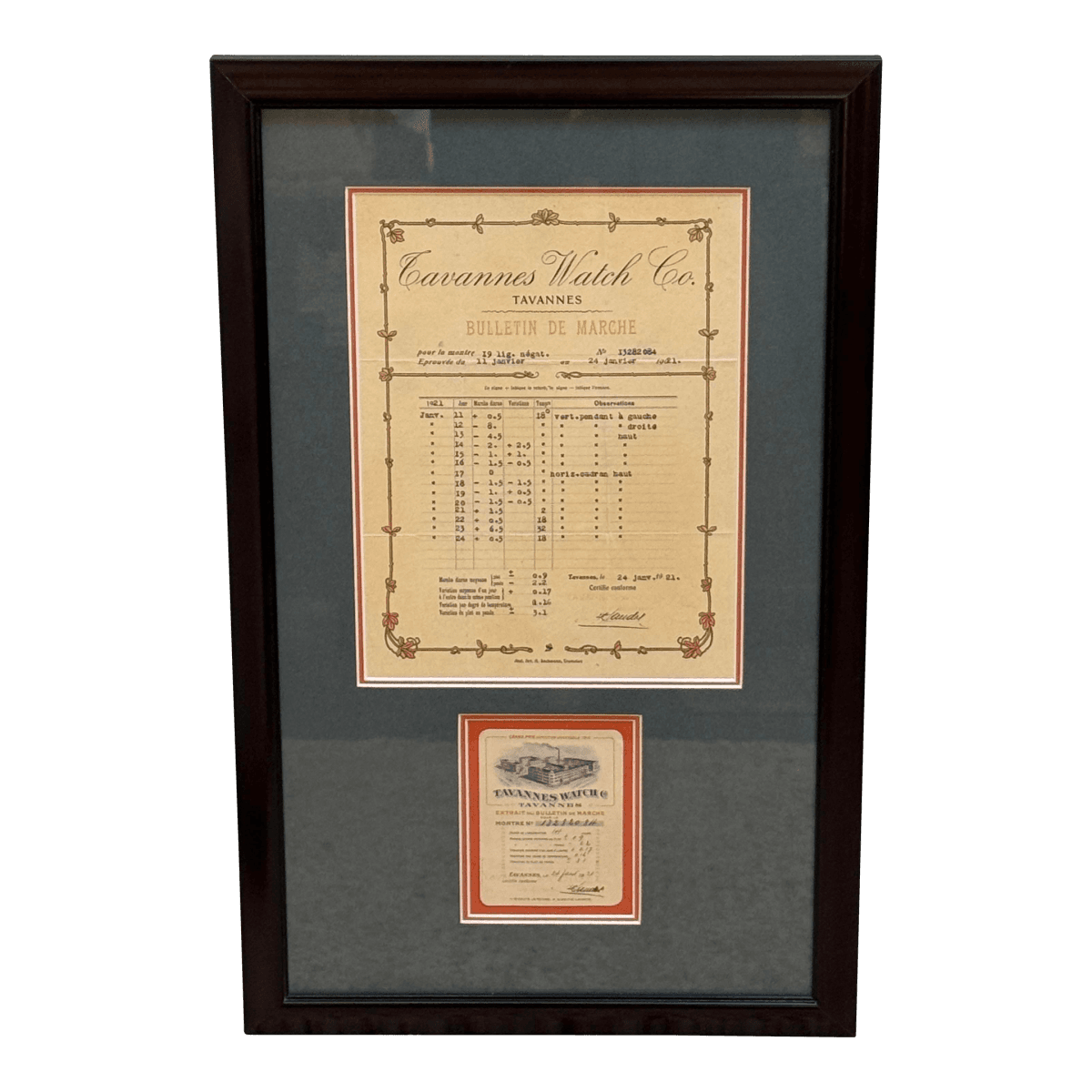 Circa 1921 Tavannes Watch Co. Bulletin De Marche Certificate, Framed - Thumbnail 2