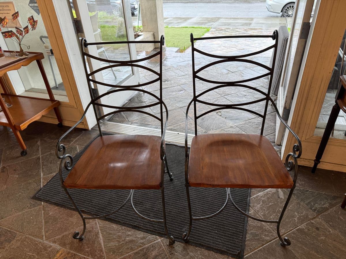 Vintage Spanish Iron + Wood Arm Chairs, Pair - Thumbnail 4