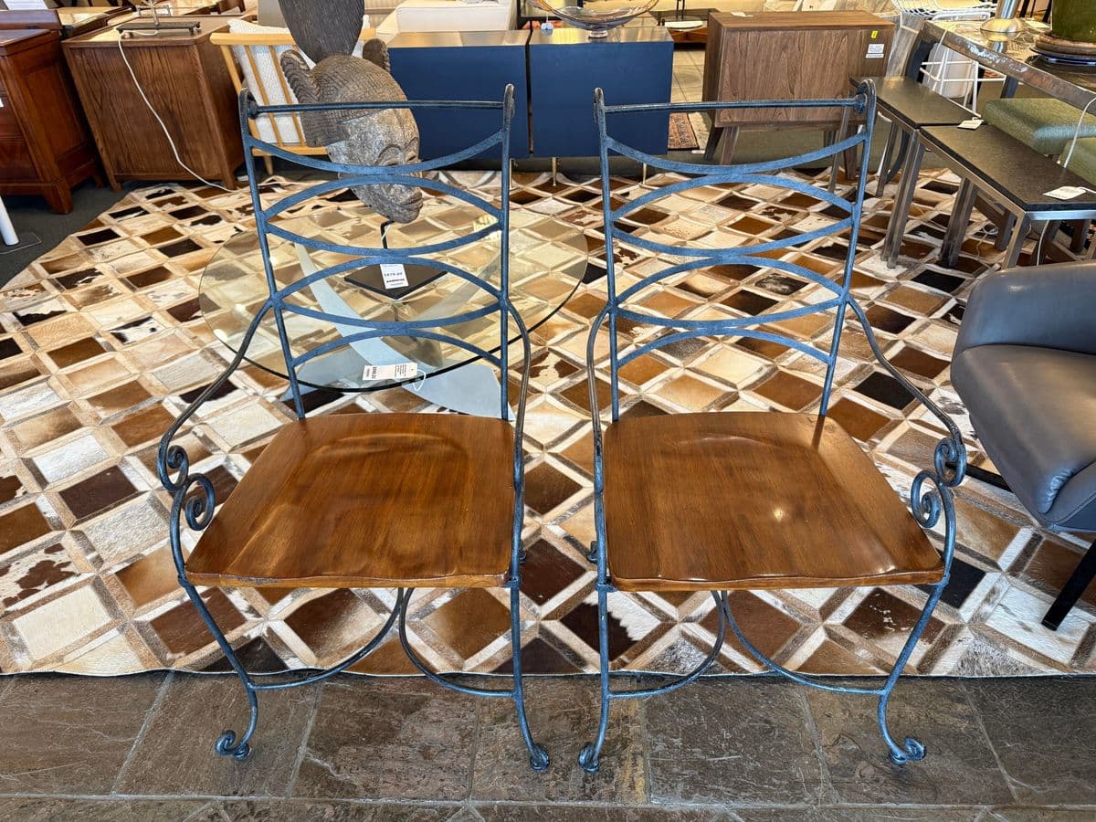 Vintage Spanish Iron + Wood Arm Chairs, Pair - Thumbnail 3