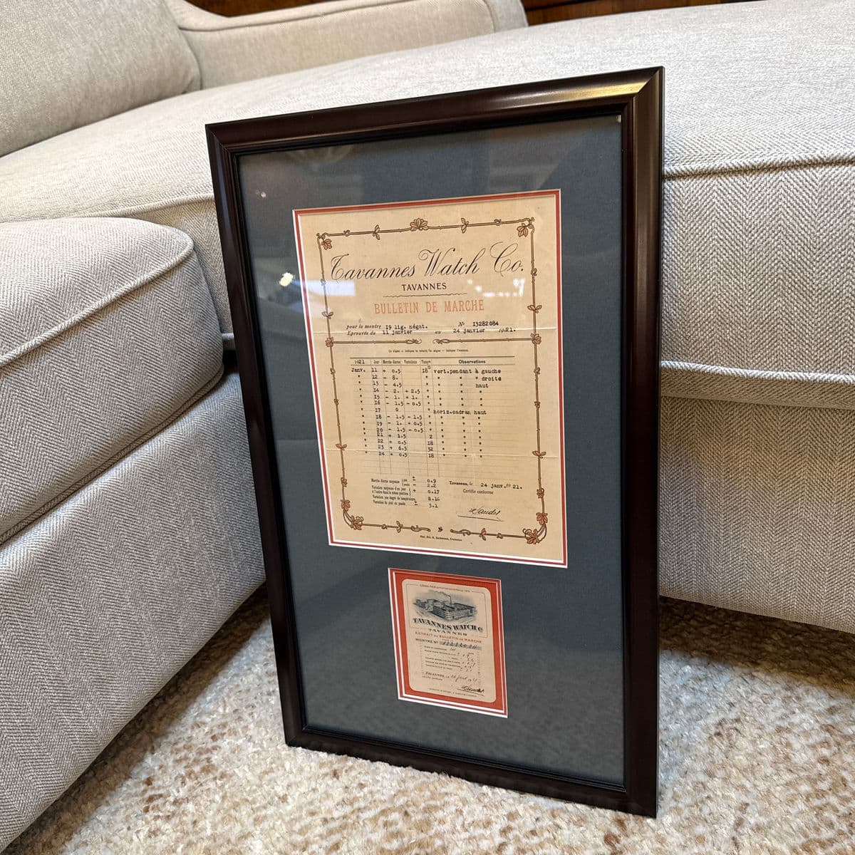 Circa 1921 Tavannes Watch Co. Bulletin De Marche Certificate, Framed - Thumbnail 12