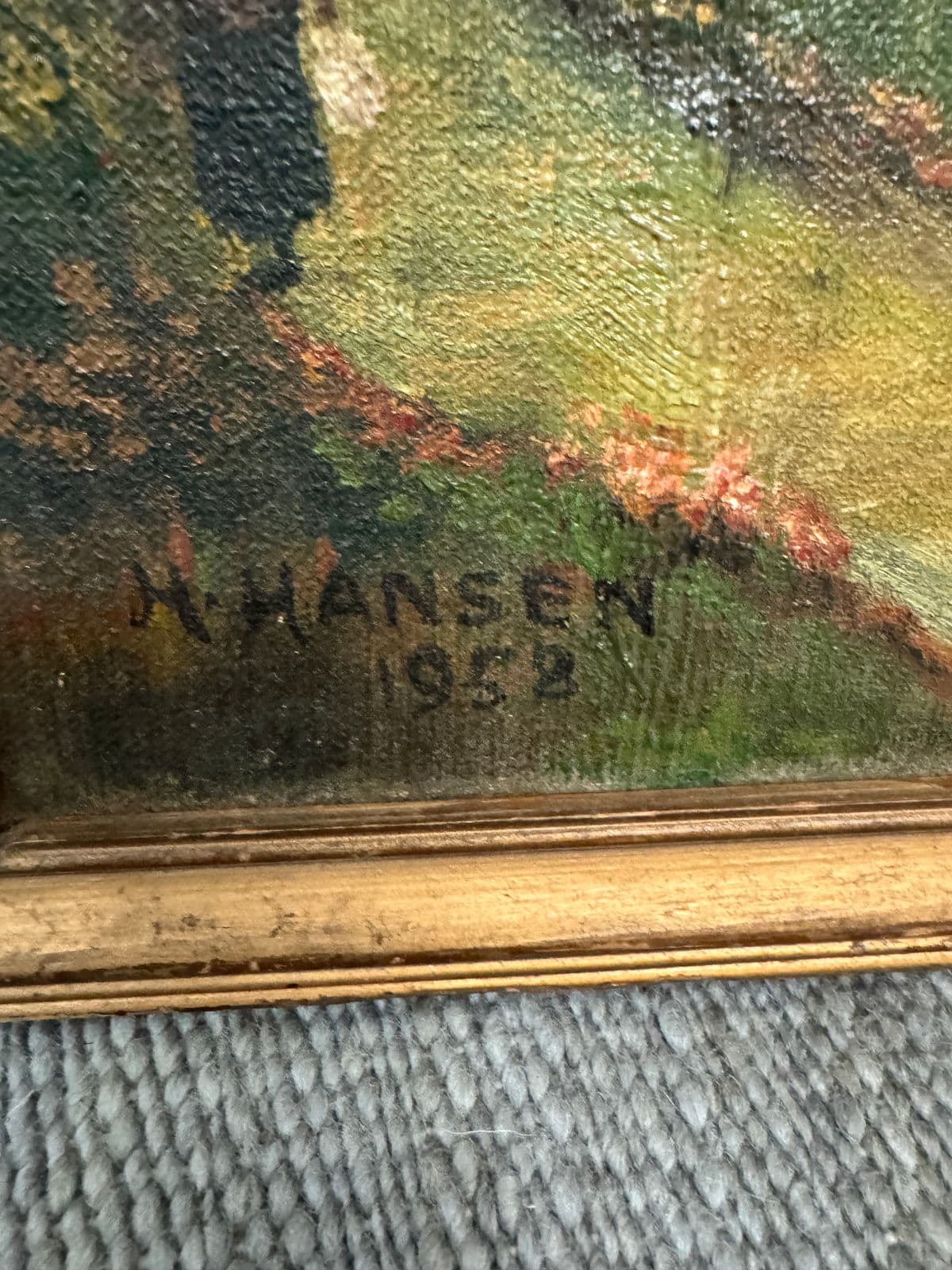 Circa 1958 H. Hansen "Picnic in Meadow" Original Painting, Framed - Thumbnail 5
