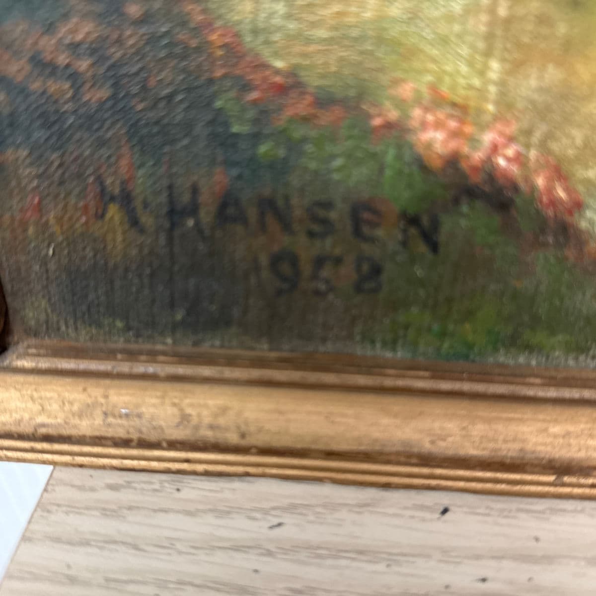 Circa 1958 H. Hansen "Picnic in Meadow" Original Painting, Framed - Thumbnail 4