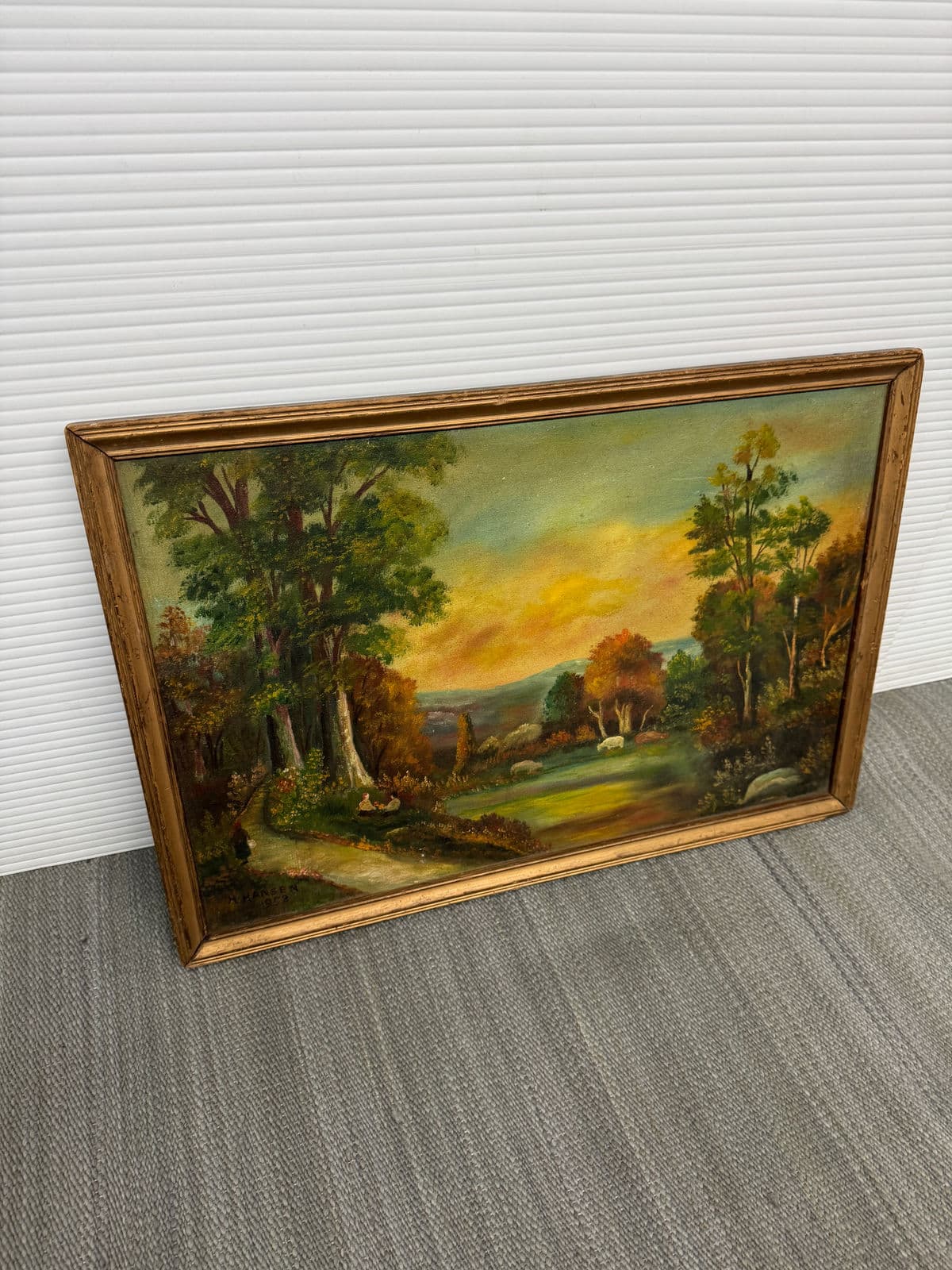 Circa 1958 H. Hansen "Picnic in Meadow" Original Painting, Framed - Thumbnail 3