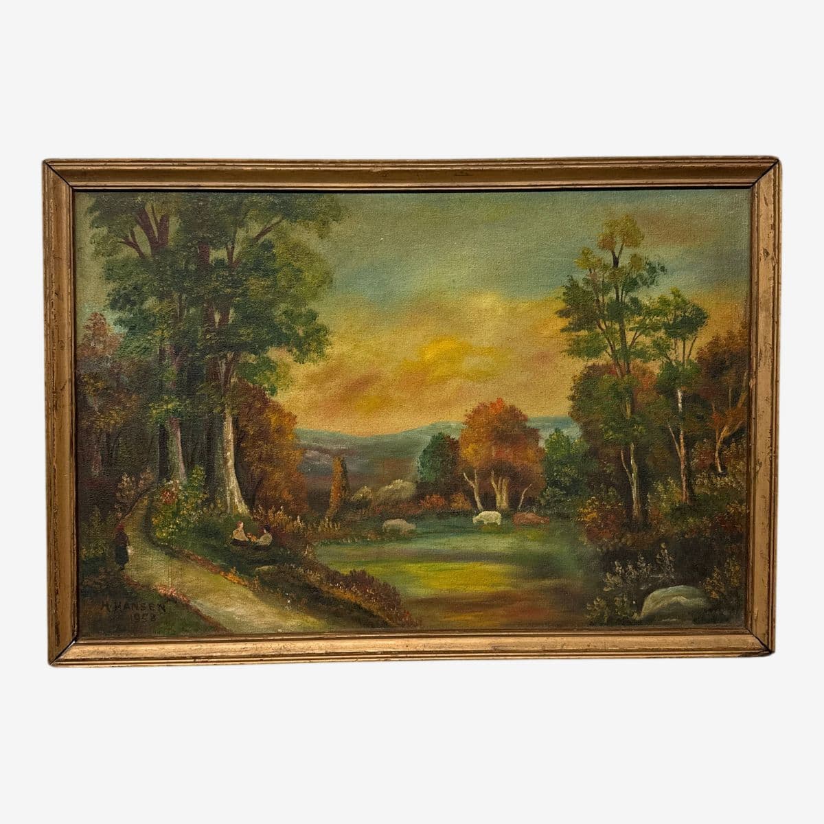 Circa 1958 H. Hansen "Picnic in Meadow" Original Painting, Framed - Image 1