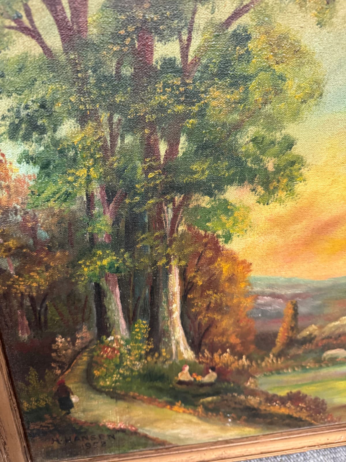 Circa 1958 H. Hansen "Picnic in Meadow" Original Painting, Framed - Thumbnail 6