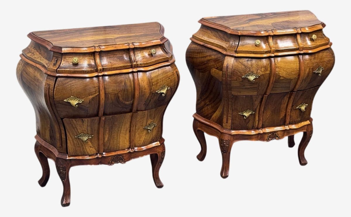 Mid 20th Century Rococo Italian Style Olive Wood Nightstands, Pair - Image 1