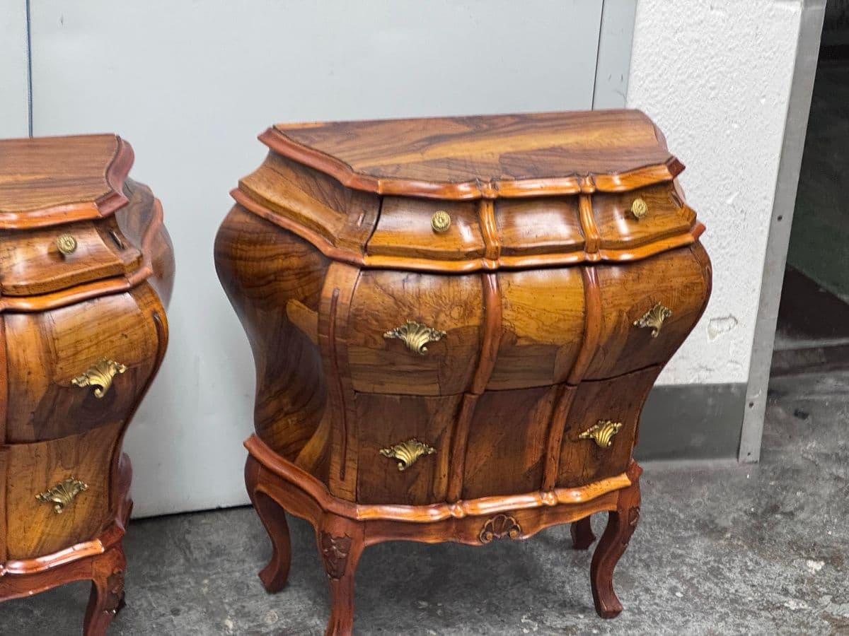 Mid 20th Century Rococo Italian Style Olive Wood Nightstands, Pair - Thumbnail 4