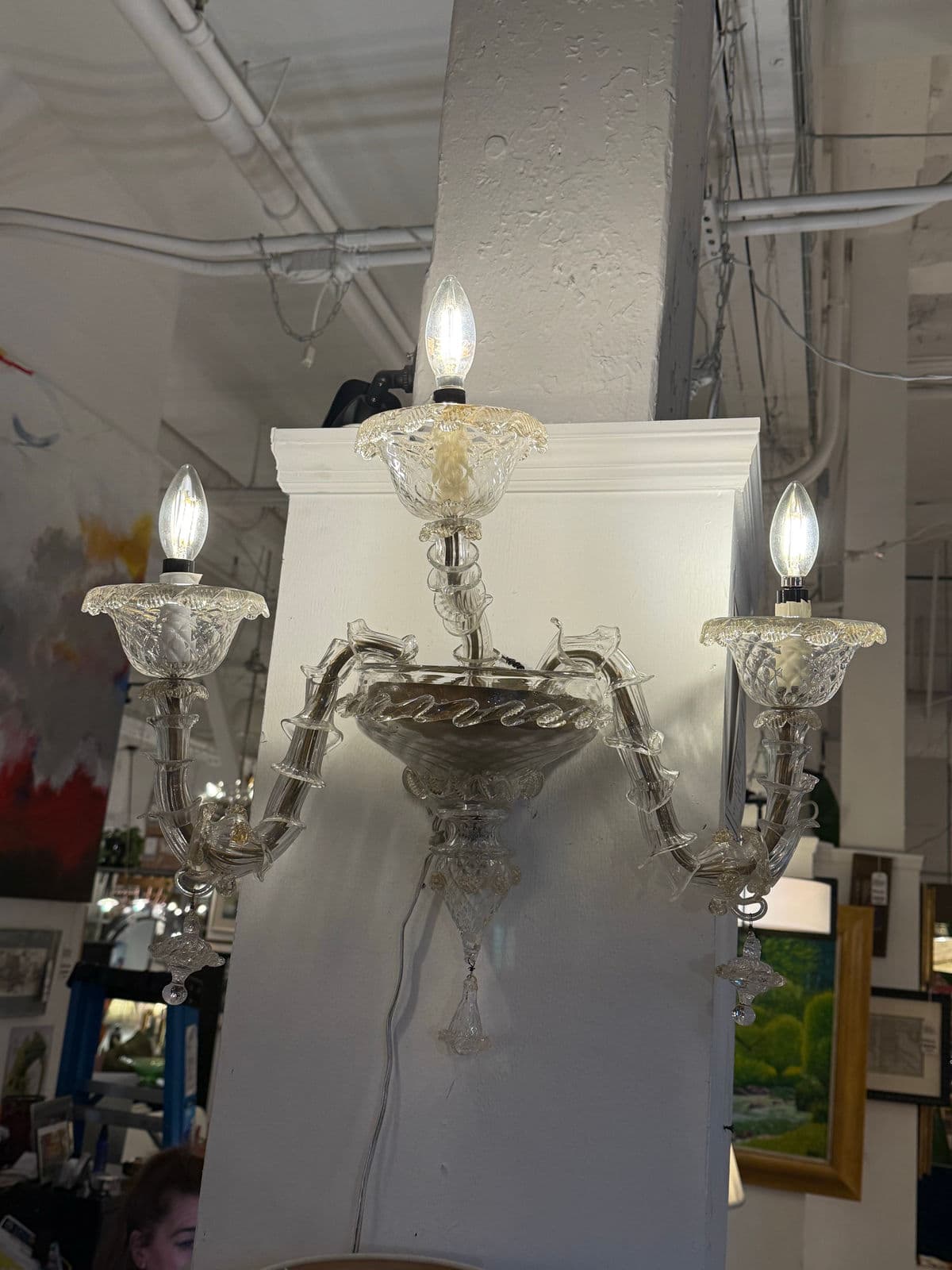 Mid 20th Century Murano Style Glass + Brass Sconce - Thumbnail 3