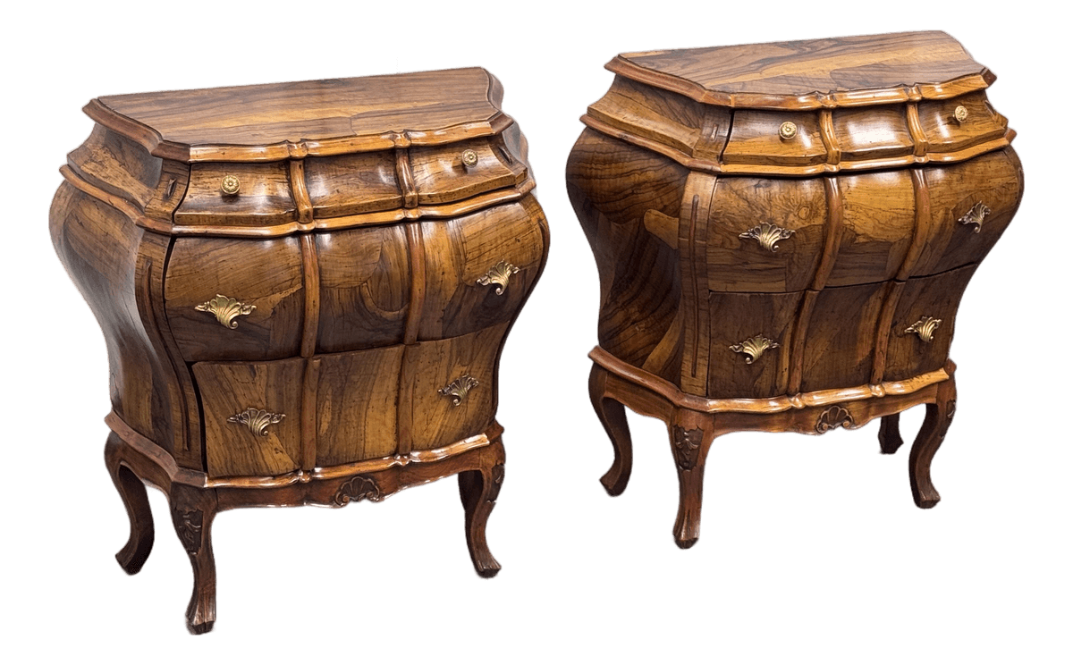 Mid 20th Century Rococo Italian Style Olive Wood Nightstands, Pair - Thumbnail 2