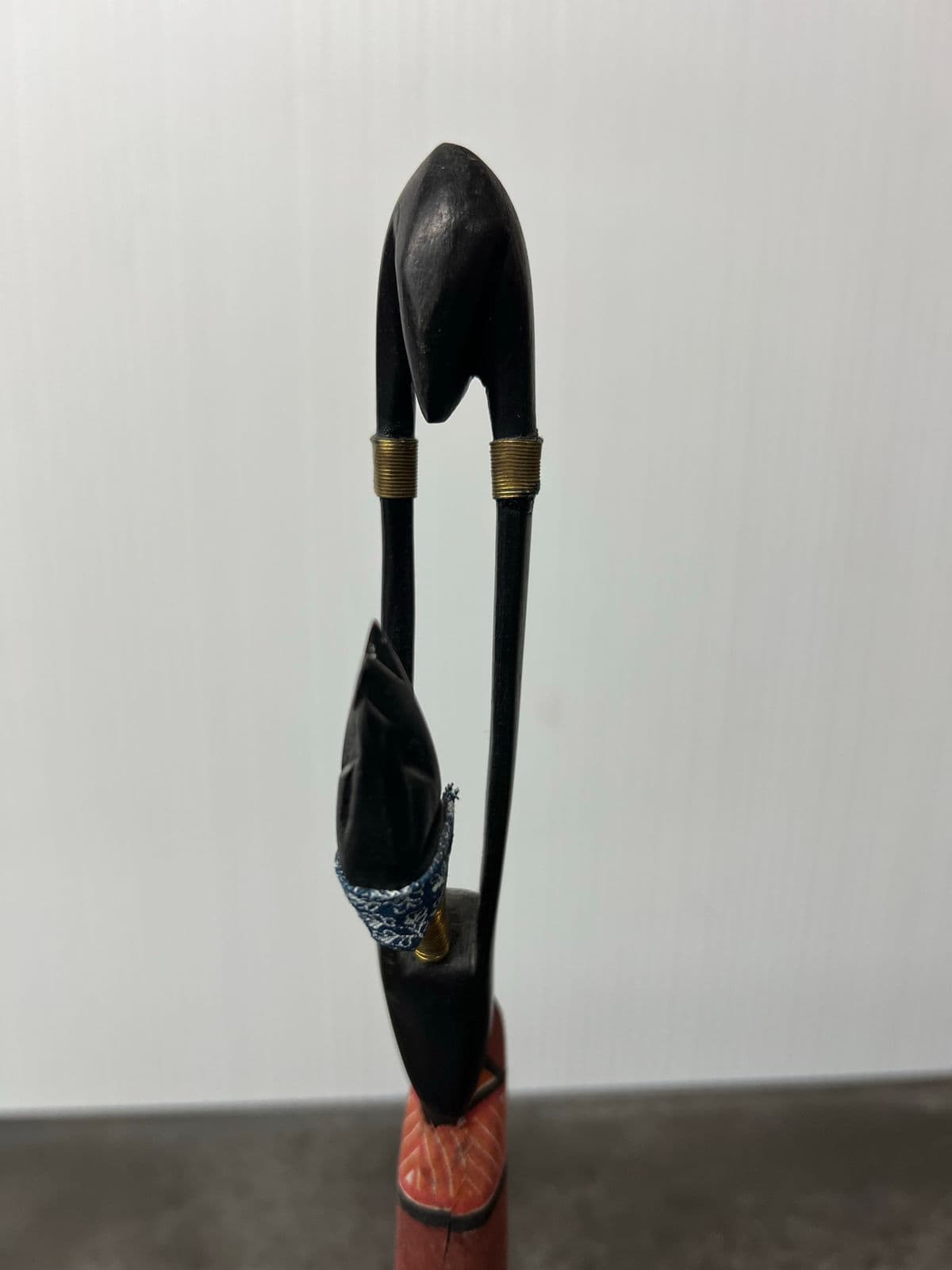 Handcrafted African Carved Figurine + Fabric Headpiece + Wood Carved + Metal Accents - Thumbnail 3