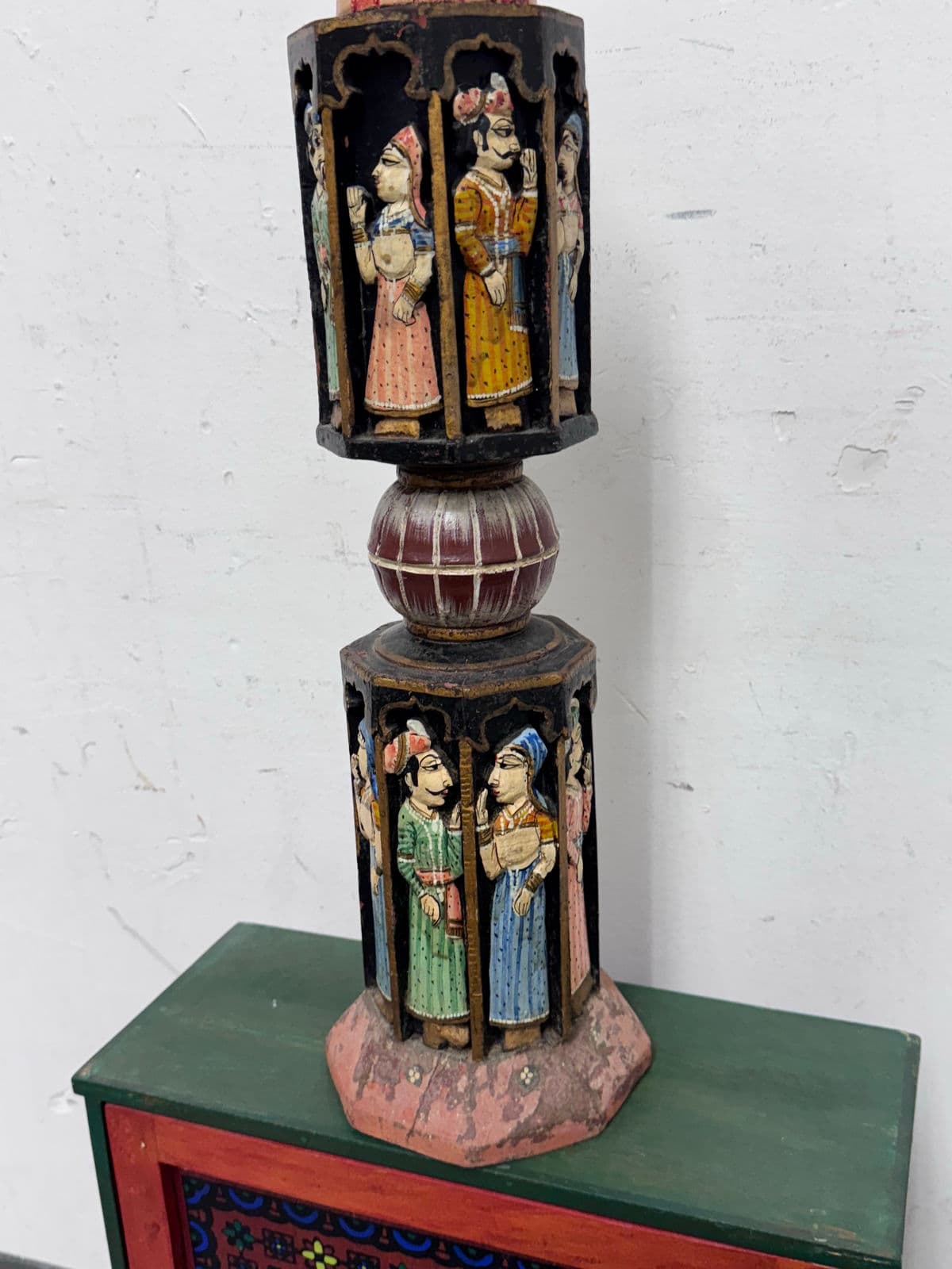 Antique Rajasthani Wood Carved + Hand Painted Charpai/Bed Post - Thumbnail 6