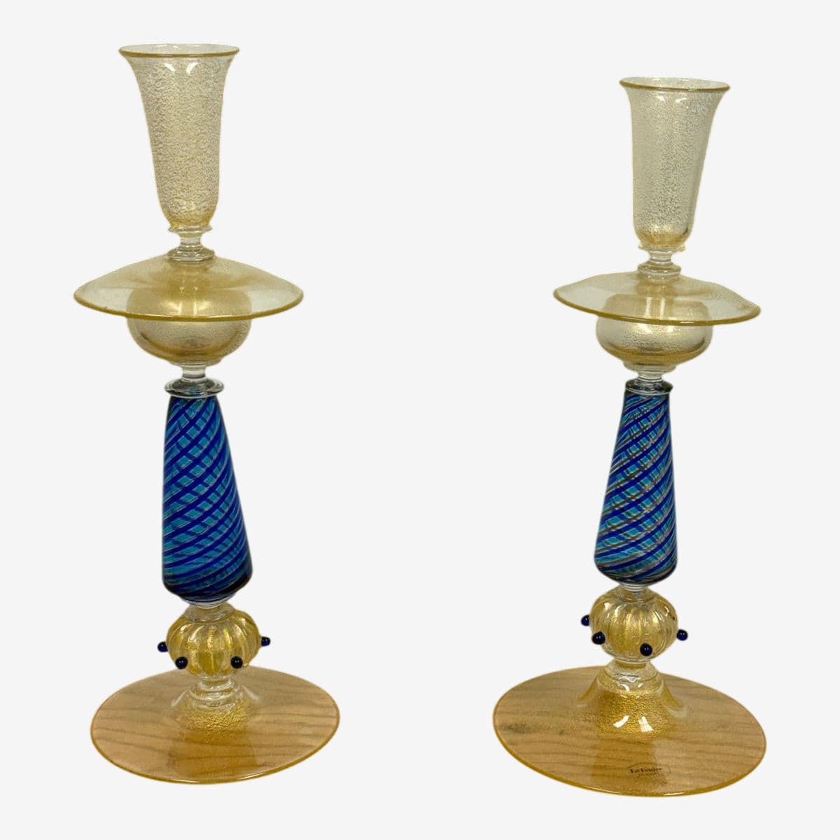 La Fenice Murano Glass Filigrana Candle Holders, Pair - Image 1