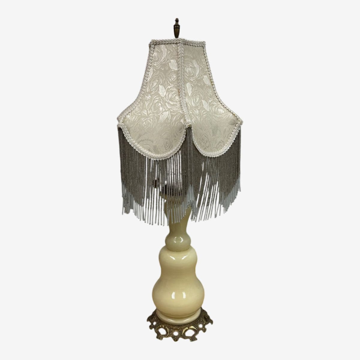 Vintage Porcelain Table Lamp With Victorian Beaded Fringe Lamp Shade - Image 1