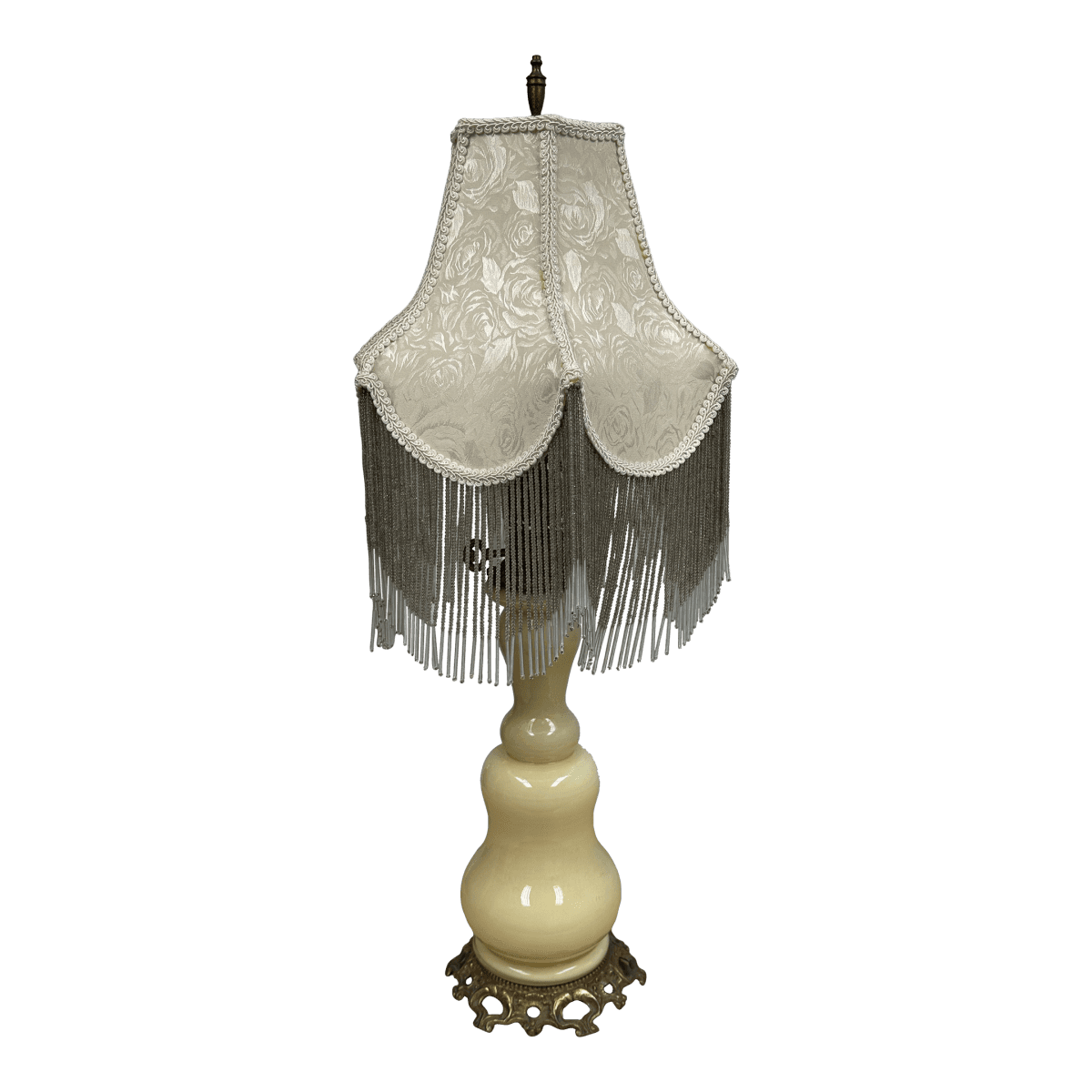 Vintage Porcelain Table Lamp With Victorian Beaded Fringe Lamp Shade - Thumbnail 2