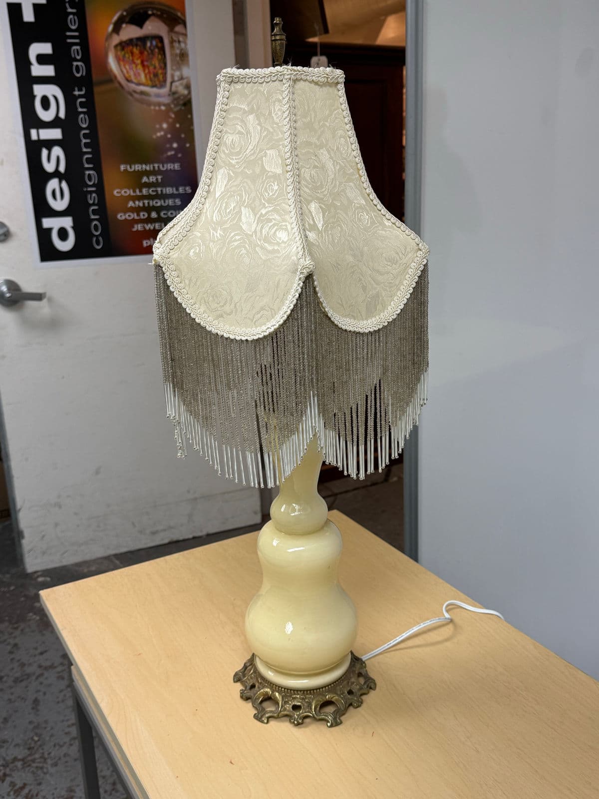 Vintage Porcelain Table Lamp With Victorian Beaded Fringe Lamp Shade - Thumbnail 4