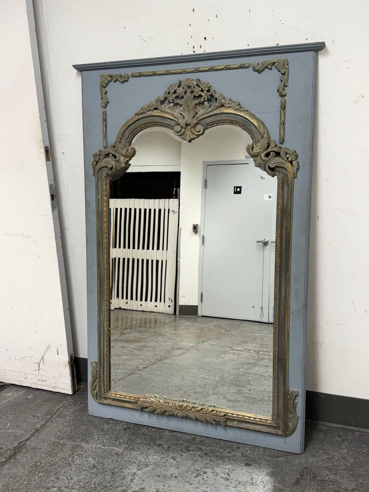 Antique French Style Distressed + Ornate Trumeau Mirror - Thumbnail 4