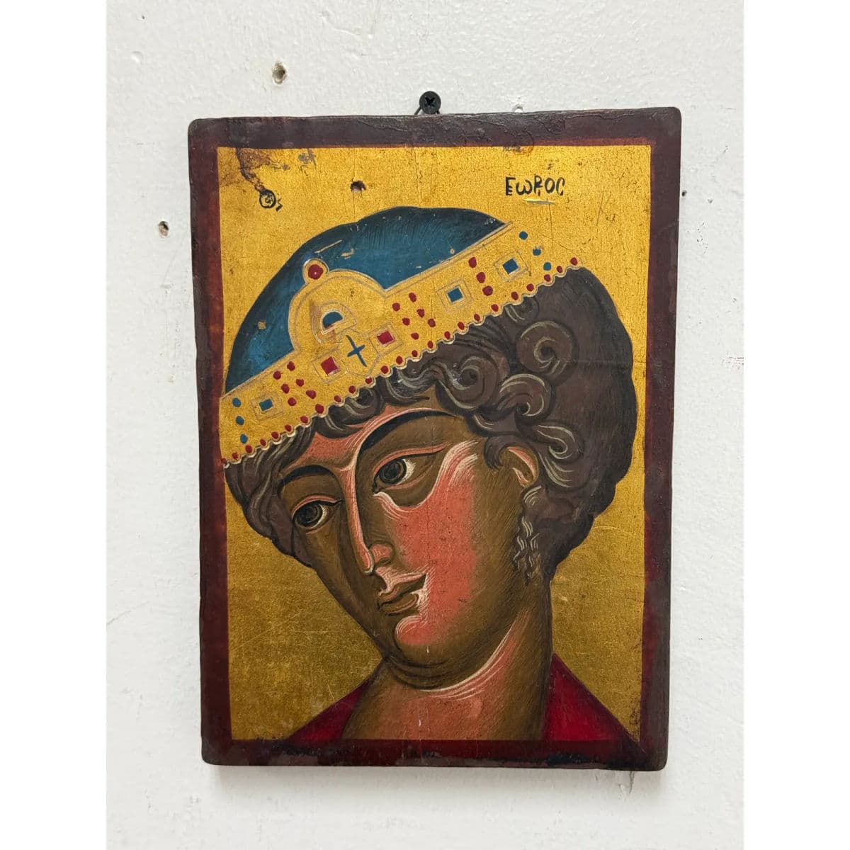 Greek Orthodox Painted Saint George the Wonder Worker on Wood, Signed - Thumbnail 6