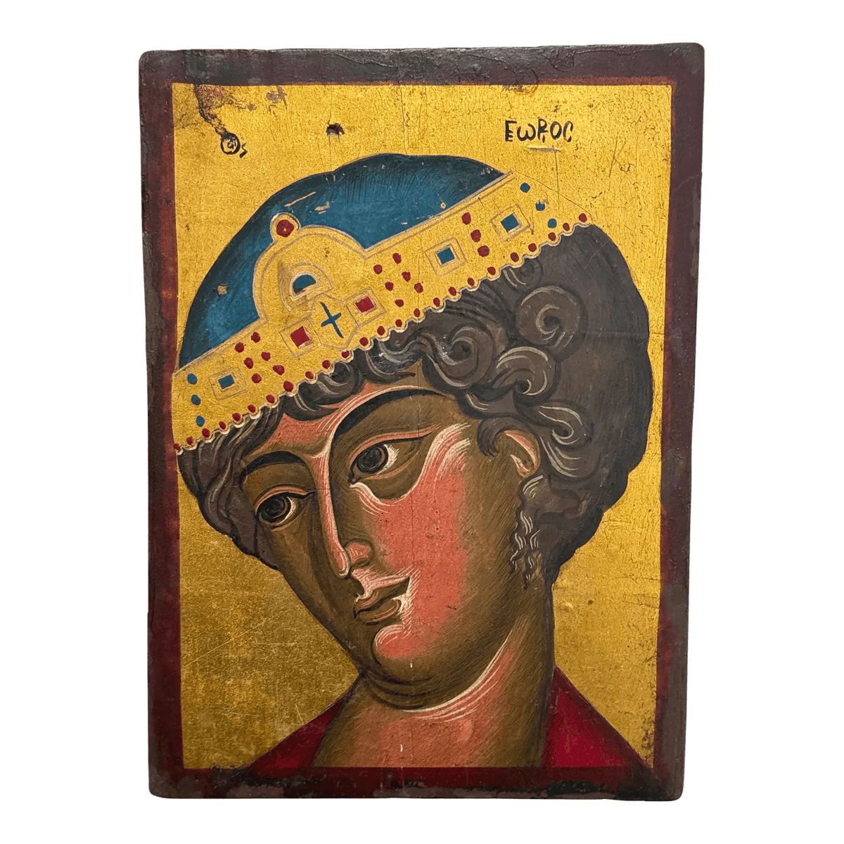 Greek Orthodox Painted Saint George the Wonder Worker on Wood, Signed - Thumbnail 2