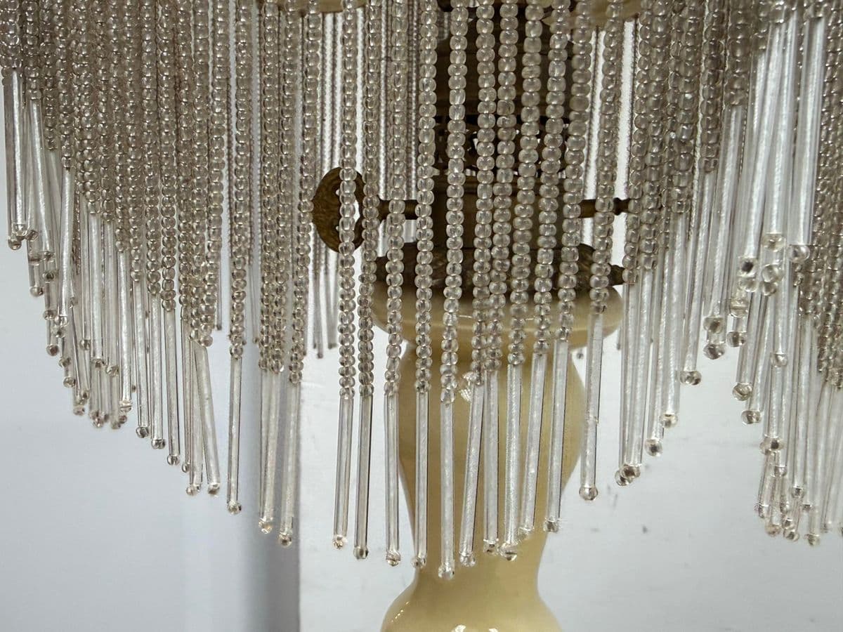 Vintage Porcelain Table Lamp With Victorian Beaded Fringe Lamp Shade - Thumbnail 8