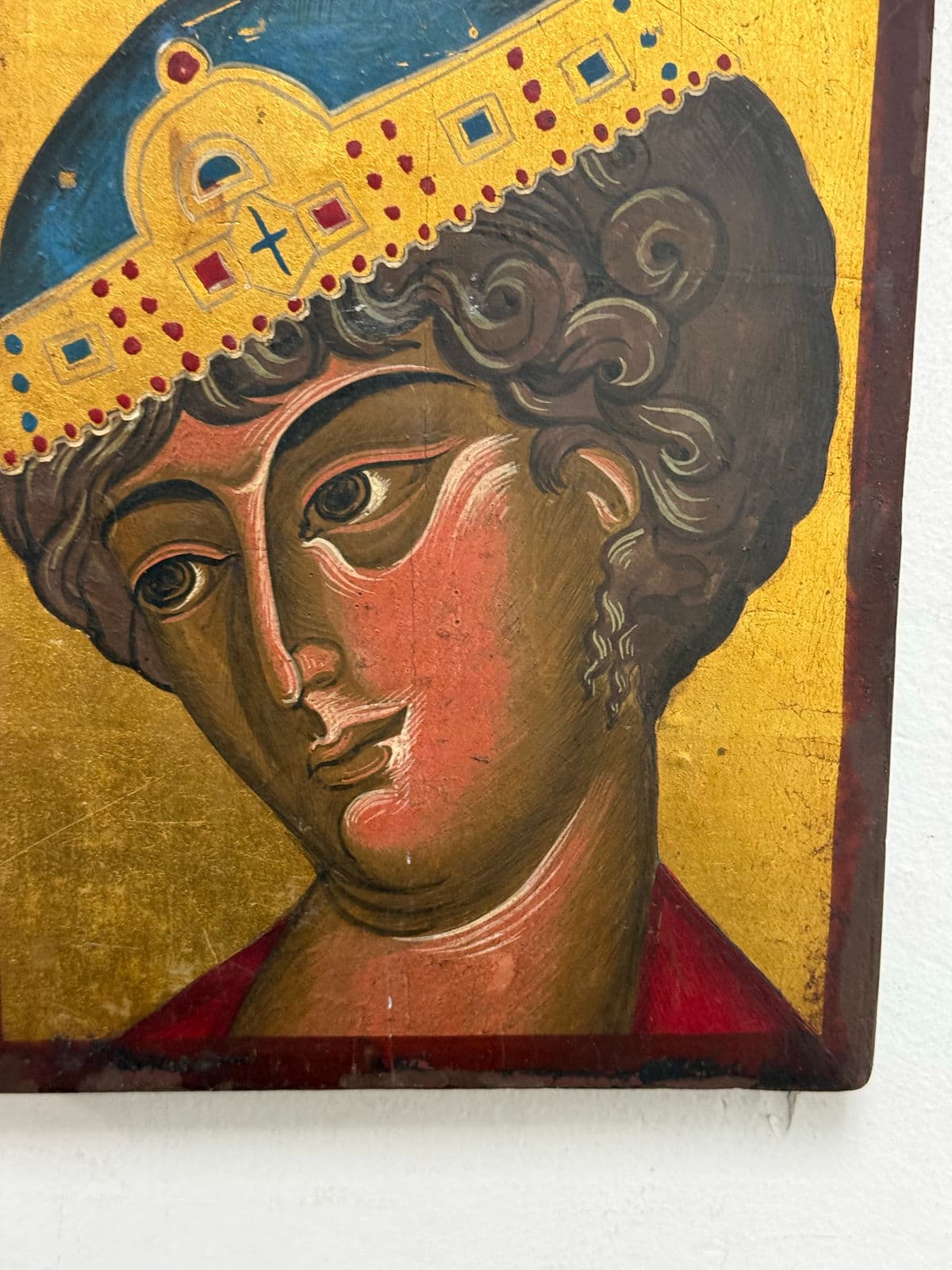 Greek Orthodox Painted Saint George the Wonder Worker on Wood, Signed - Thumbnail 5