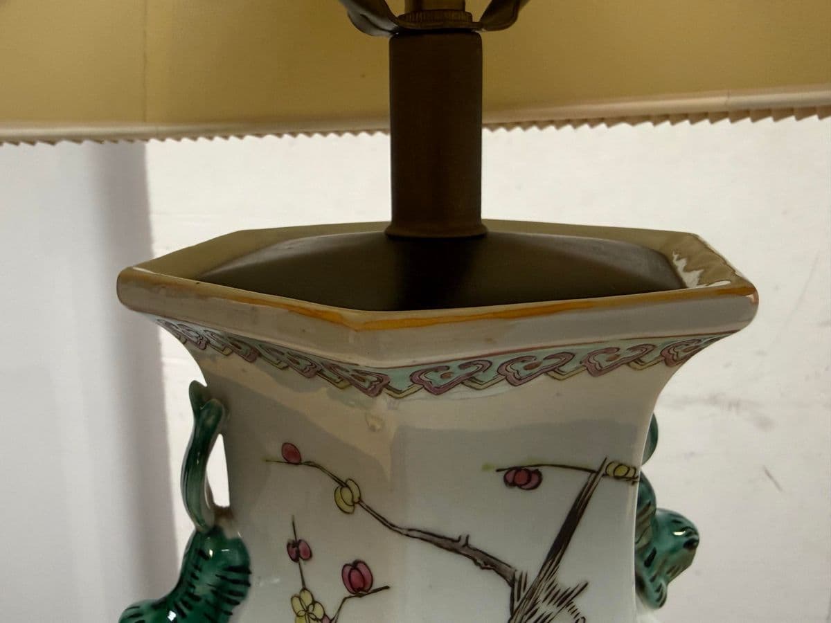 Chinese Famille Rose Table Lamp With Pleated Shade - Thumbnail 8